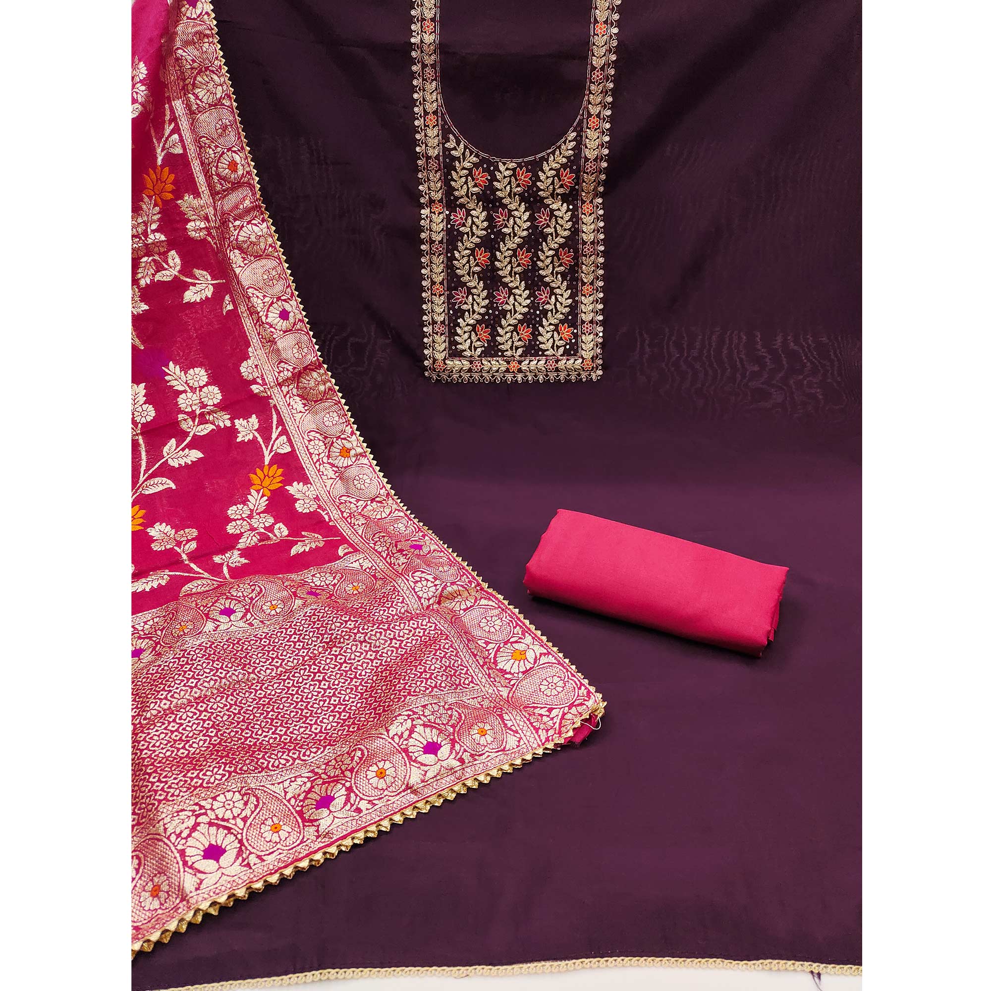 Wine Floral Sequins Embroidered Cotton Roman Silk Dress Material - Image 3