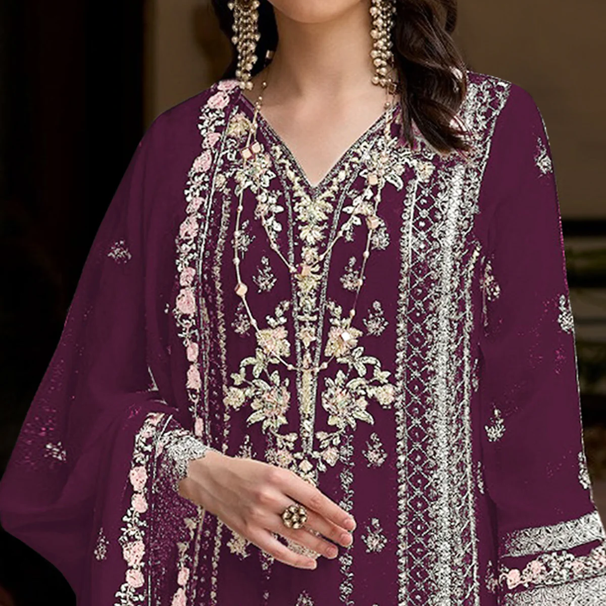 Wine Floral Sequins Embroidered Georgette Semi Stitched Pakistani Suit - Image 3