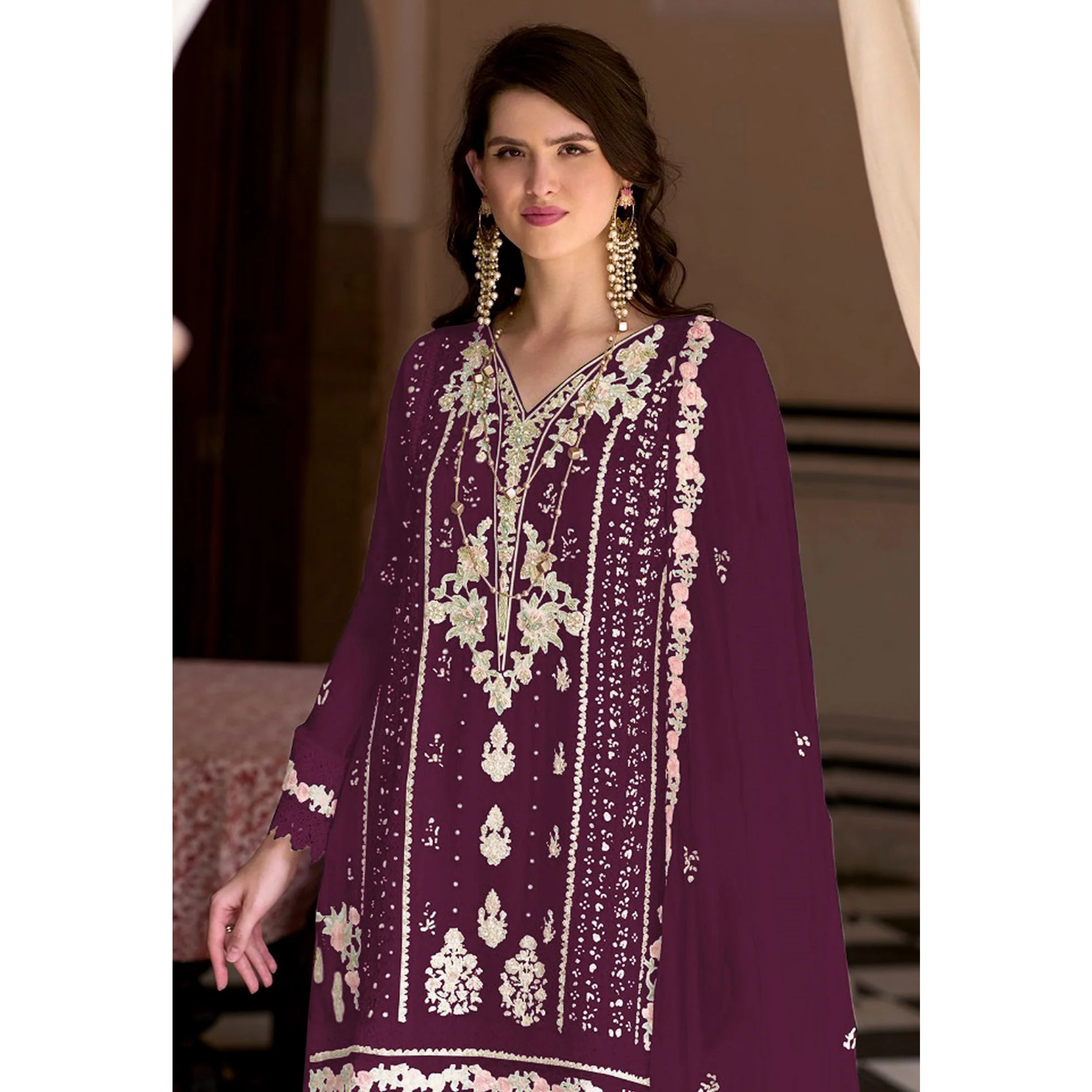 Wine Floral Sequins Embroidered Georgette Semi Stitched Pakistani Suit - Image 4