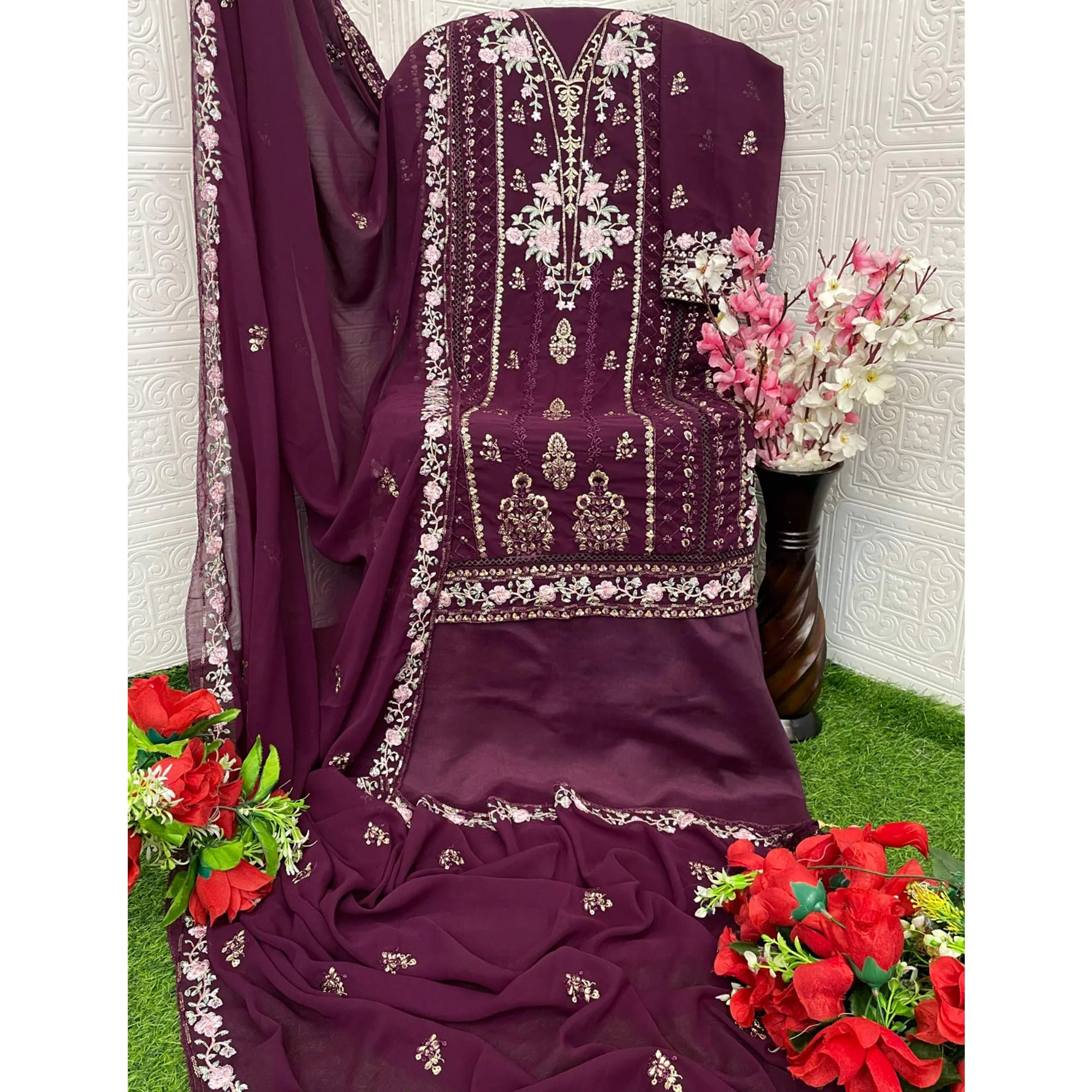 Wine Floral Sequins Embroidered Georgette Semi Stitched Pakistani Suit - Image 5