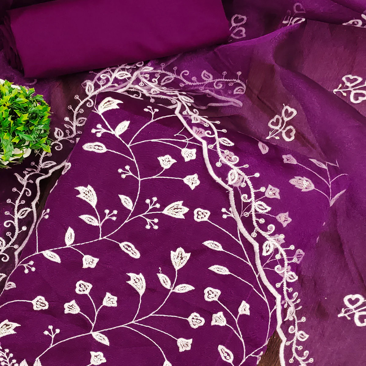 Wine Floral Sequins Embroidered Organza Dress Material - Image 2