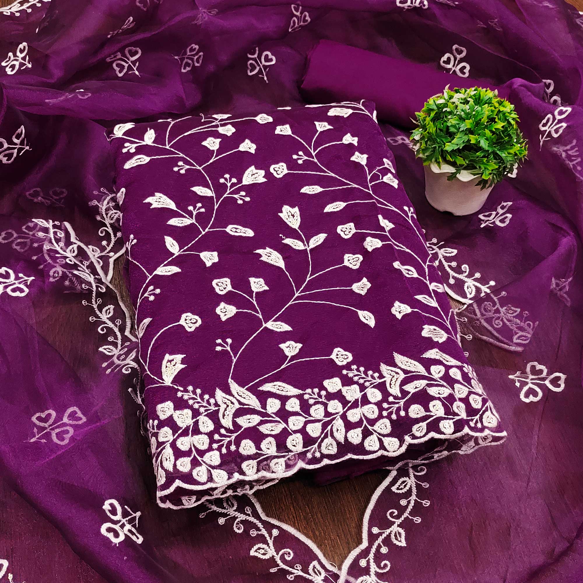 Wine Floral Sequins Embroidered Organza Dress Material - Image 3