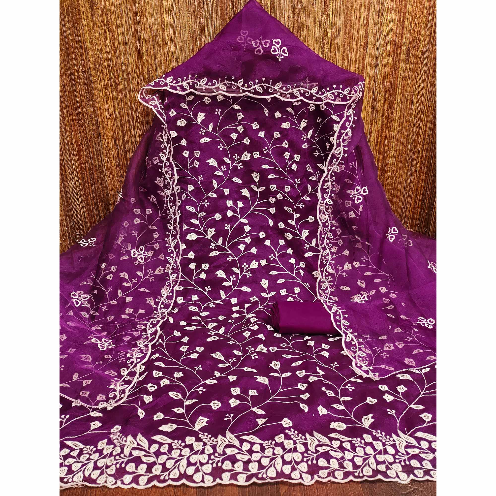 Wine Floral Sequins Embroidered Organza Dress Material - Image 4