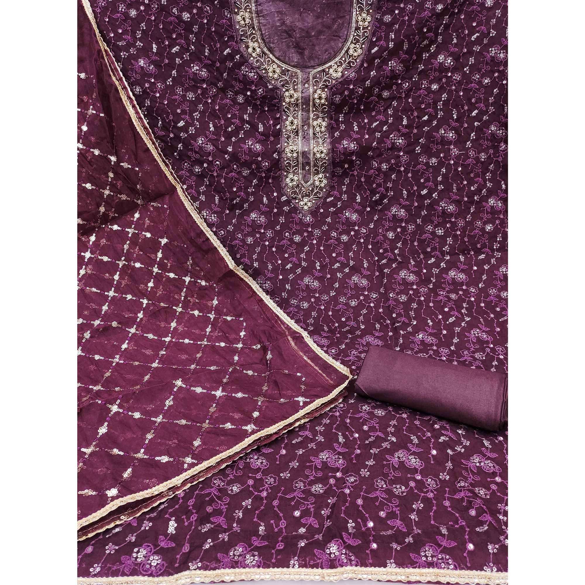Wine Floral Sequins Embroidered With Handwork Organza Dress Material - Image 4