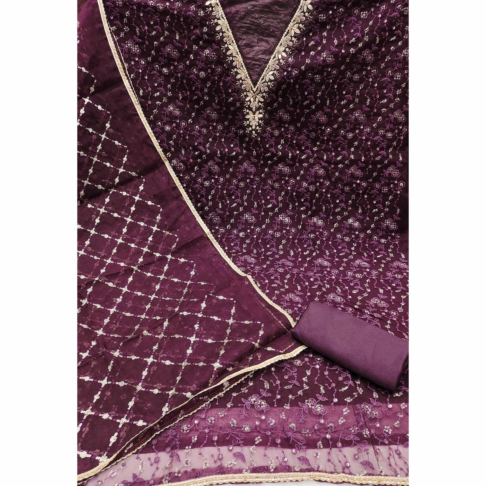 Wine Floral Sequins Embroidery With Handwork Organza Dress Material - Image 4