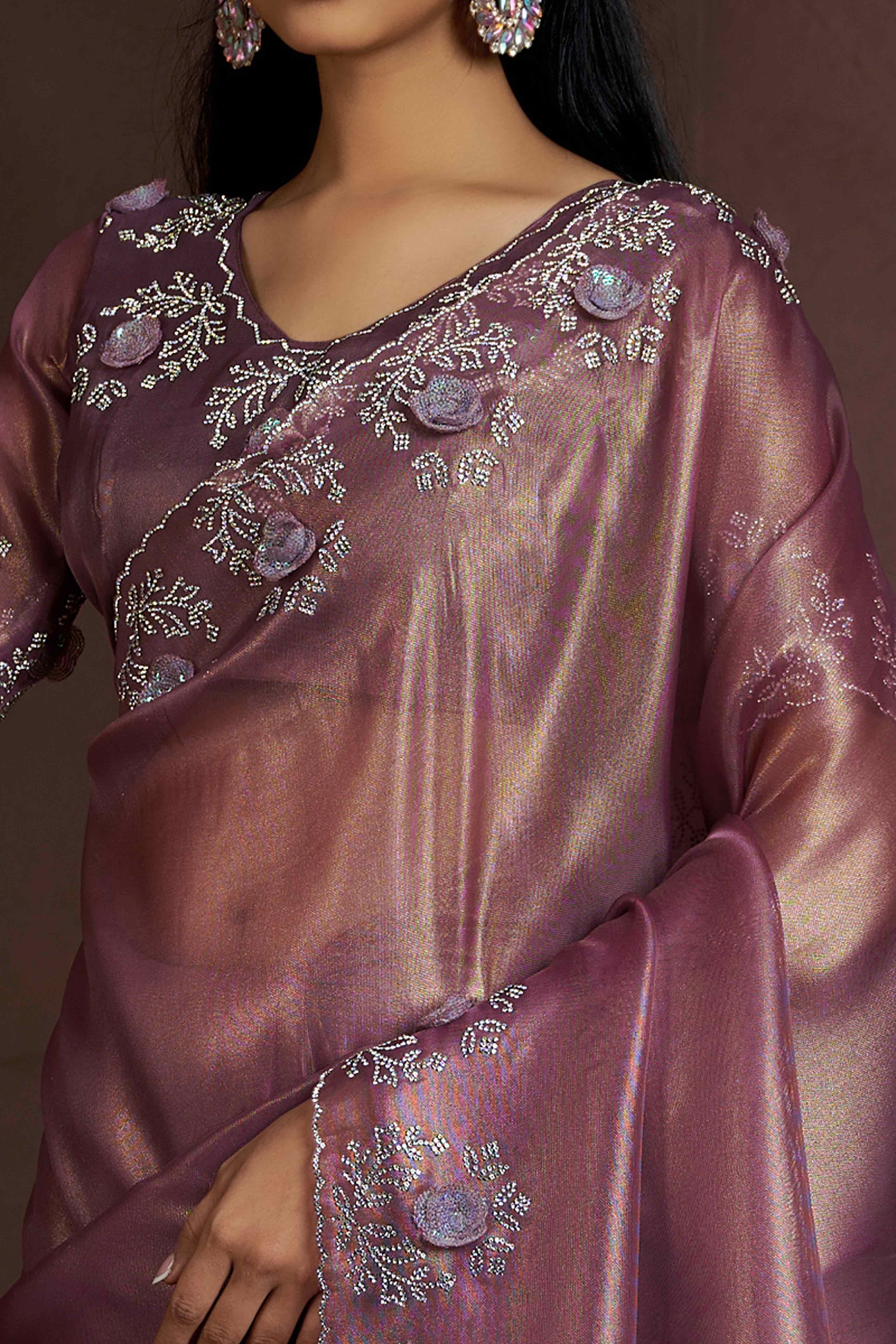 Wine Floral Sequins With Zarkan Work Organza Saree - Image 2