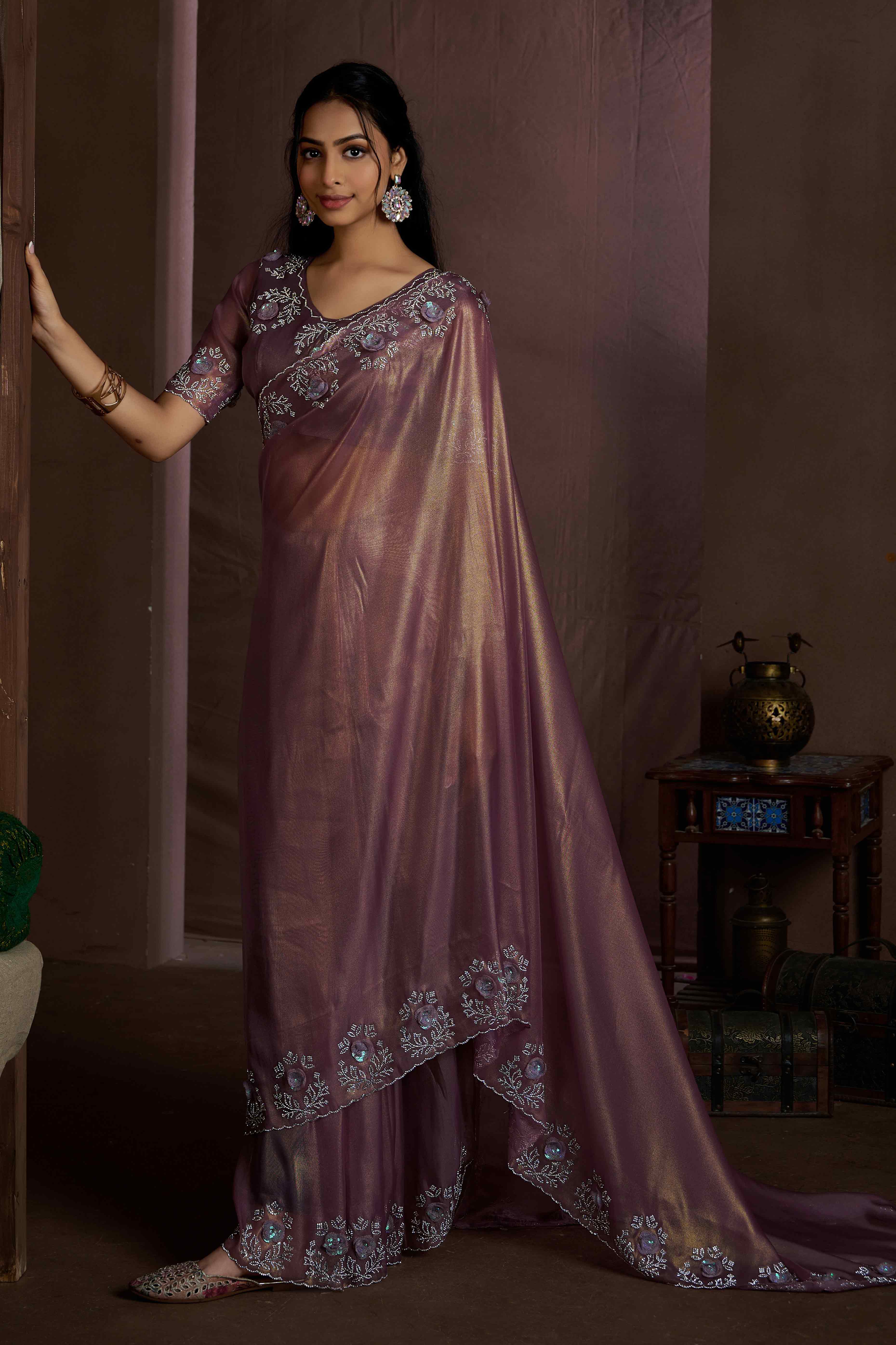 Wine Floral Sequins With Zarkan Work Organza Saree - Image 3