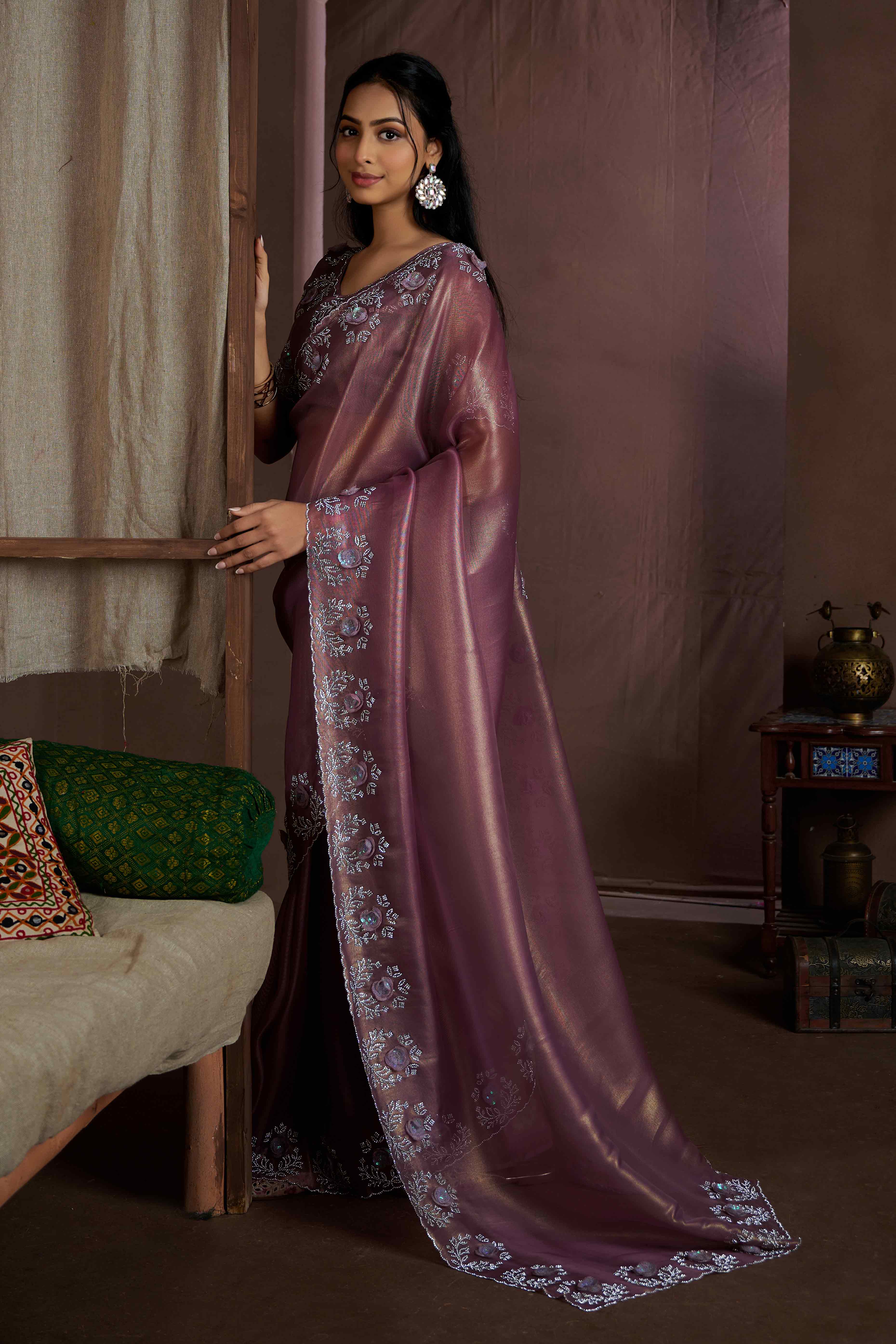 Wine Floral Sequins With Zarkan Work Organza Saree - Image 4