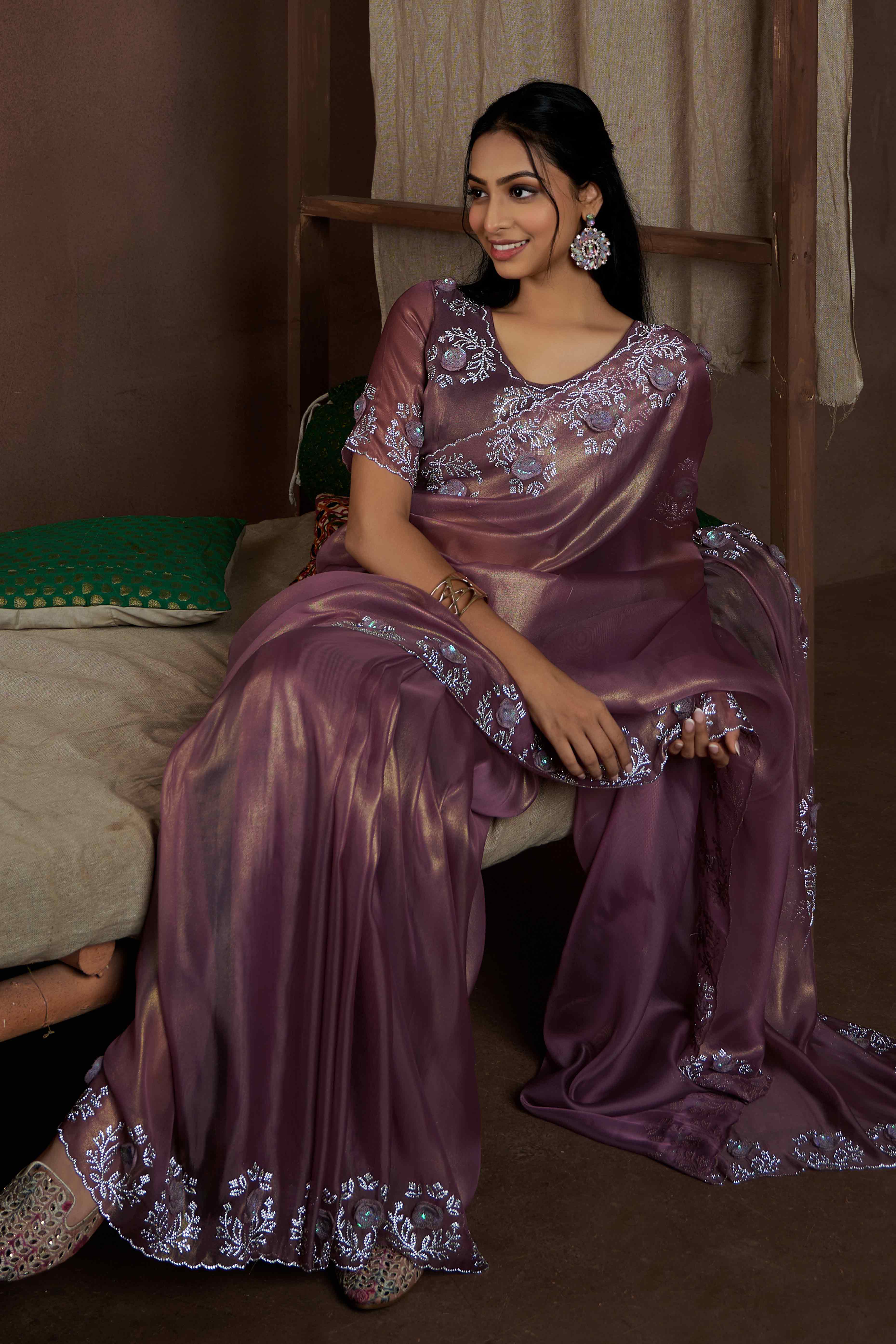 Wine Floral Sequins With Zarkan Work Organza Saree - Image 5