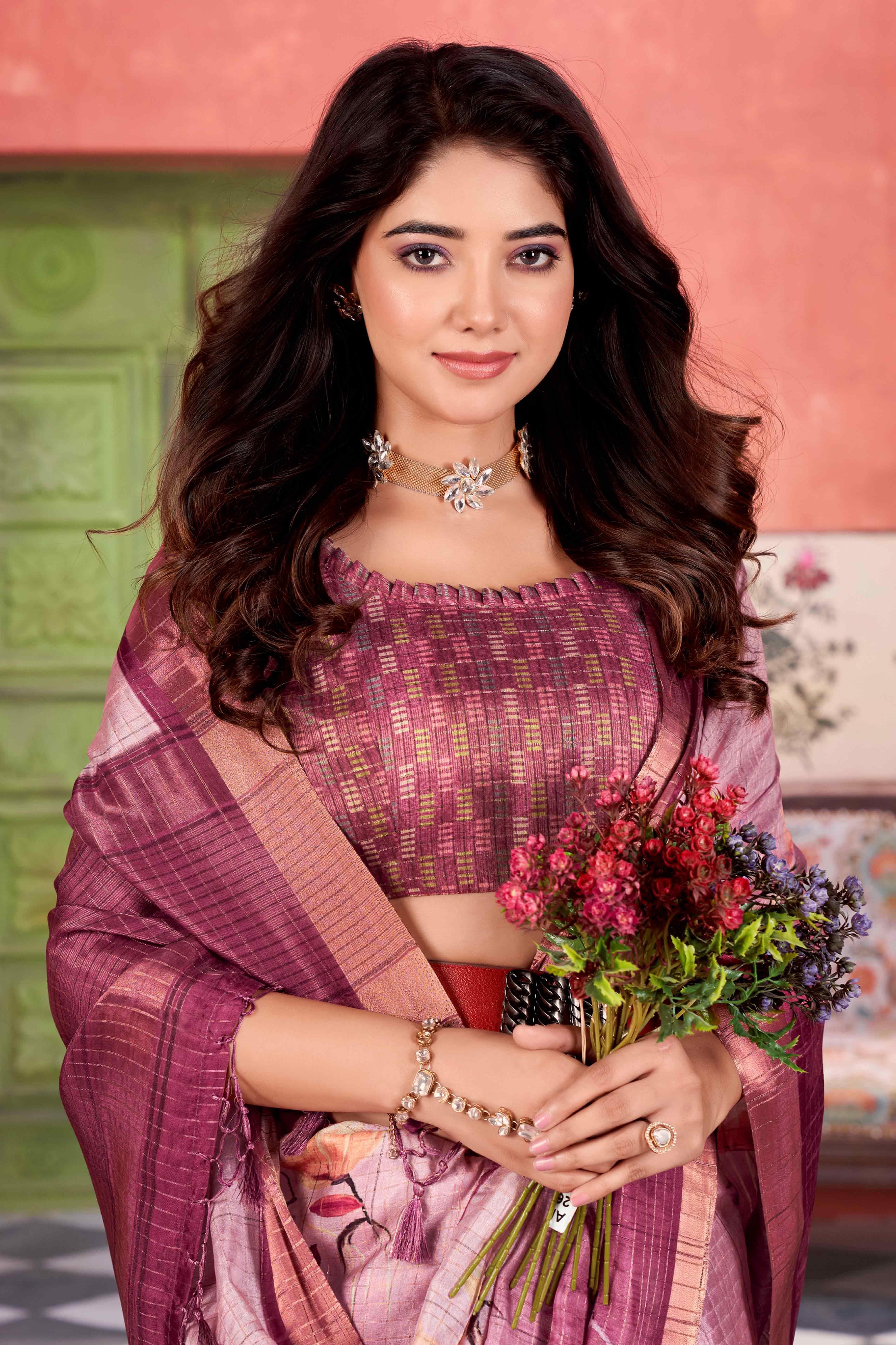 Wine Floral Soft Silk Blend Saree with Digital Prints - Image 3