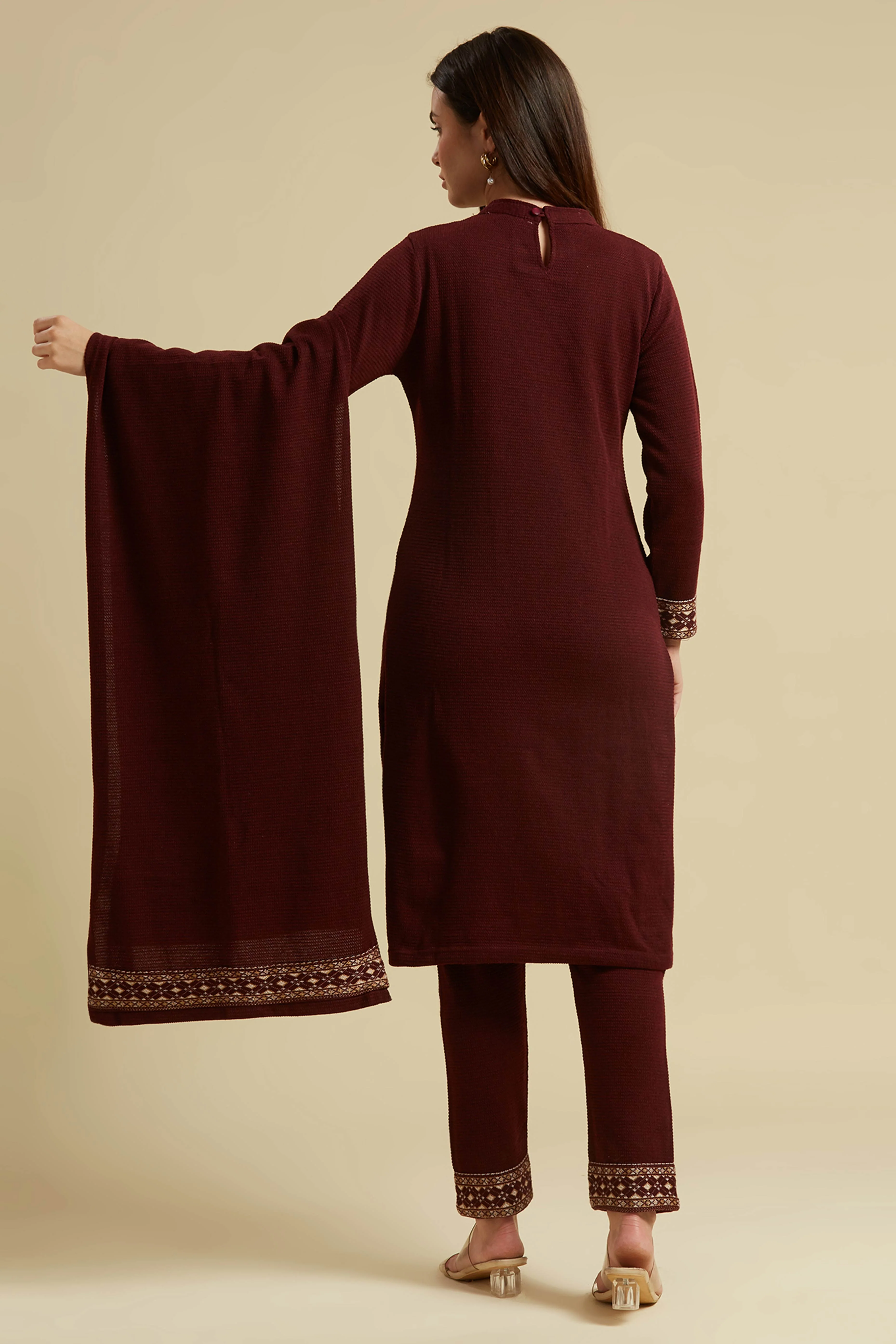 Wine Floral Woolen Salwar Suit - Image 6