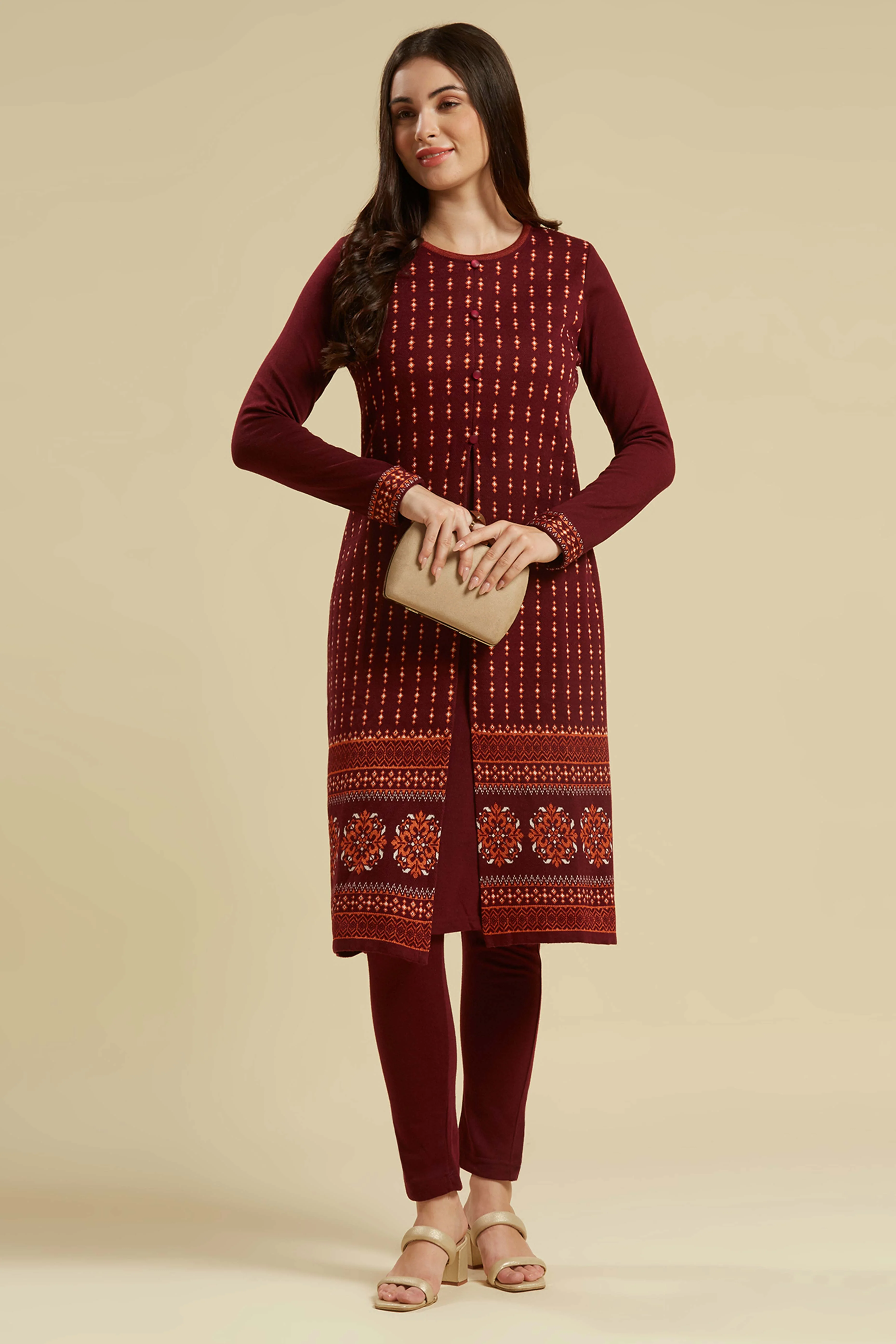 Wine Floral Woolen Top Bottom Set