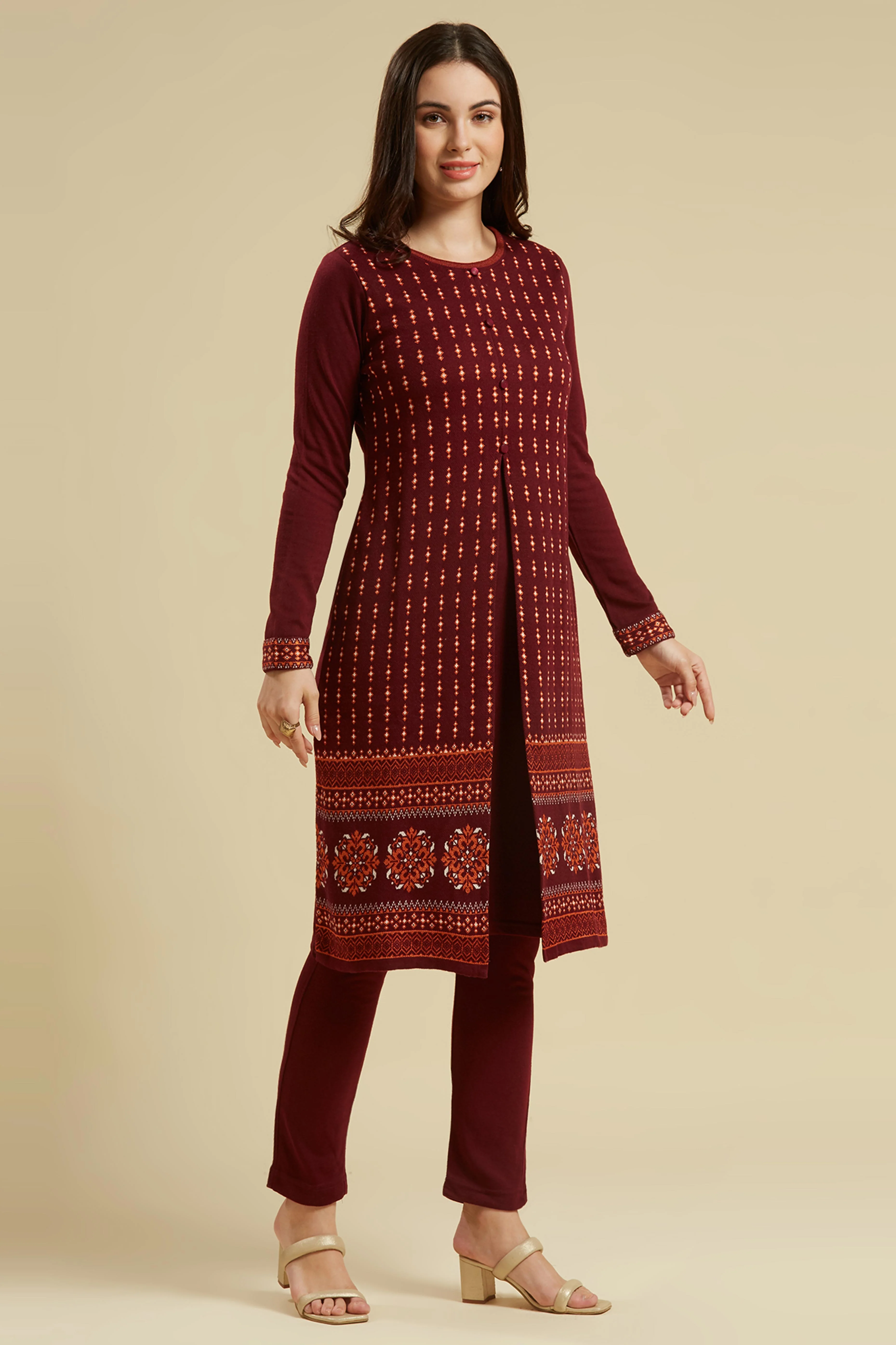 Wine Floral Woolen Top Bottom Set - Image 5