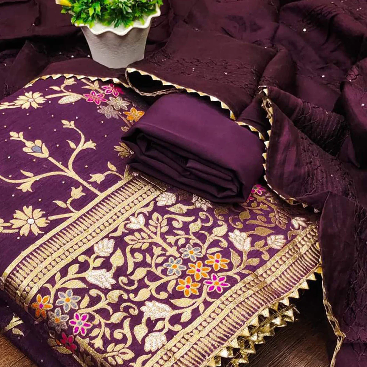 Wine Floral Woven Banarasi Jacquard Dress Material - Image 2