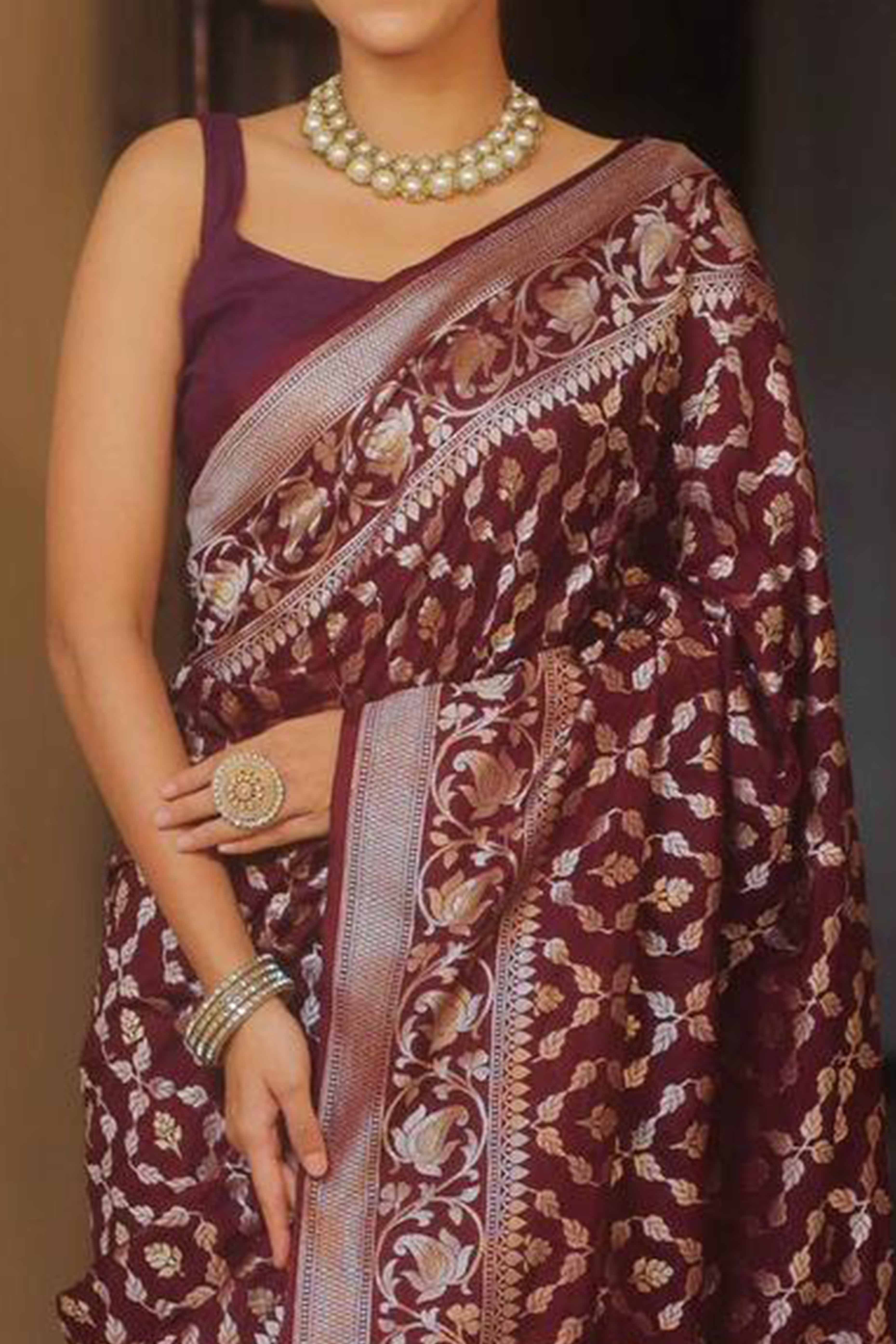 Wine Floral Woven Banarasi Silk Saree - Image 2