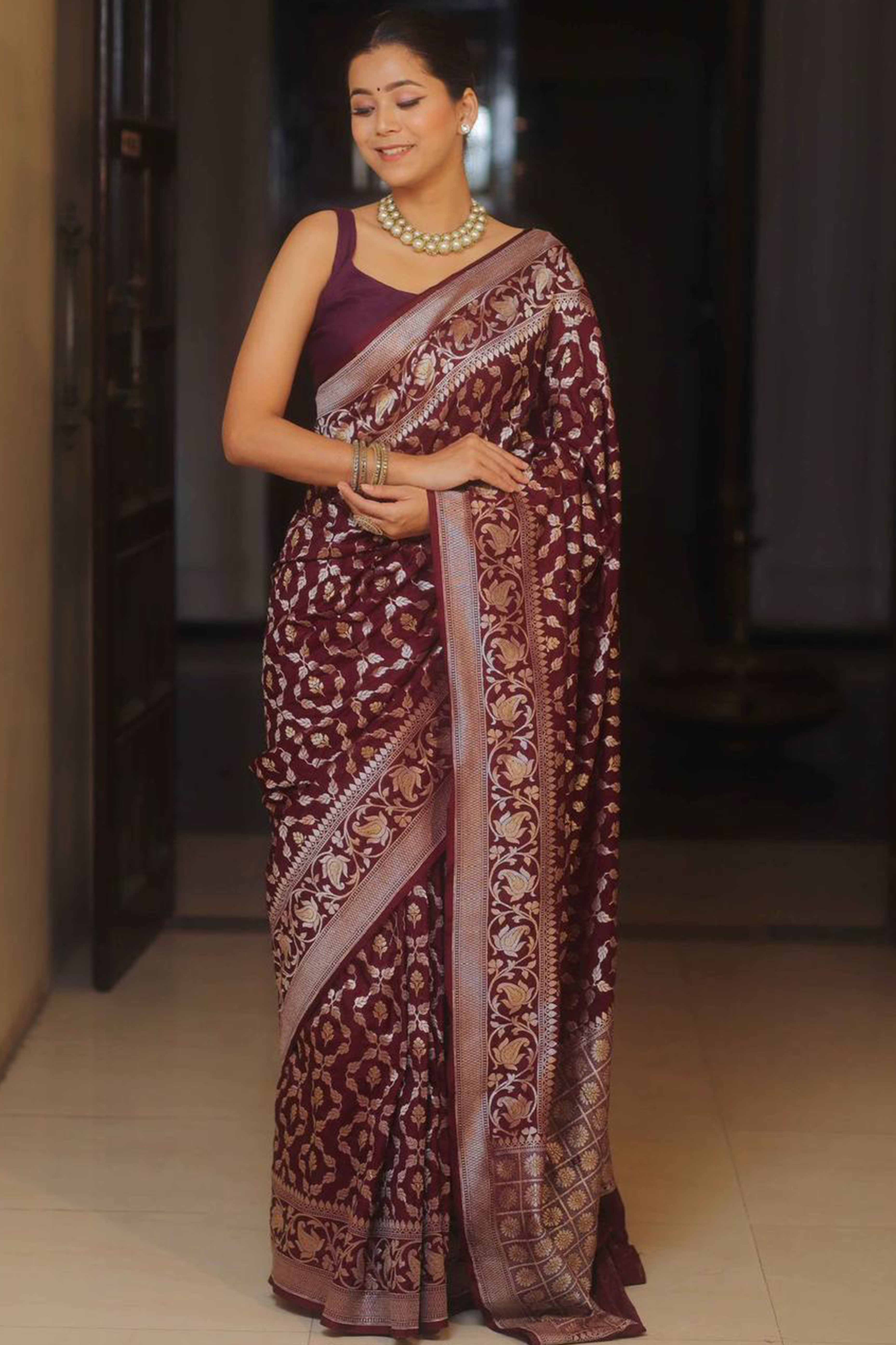 Wine Floral Woven Banarasi Silk Saree - Image 3
