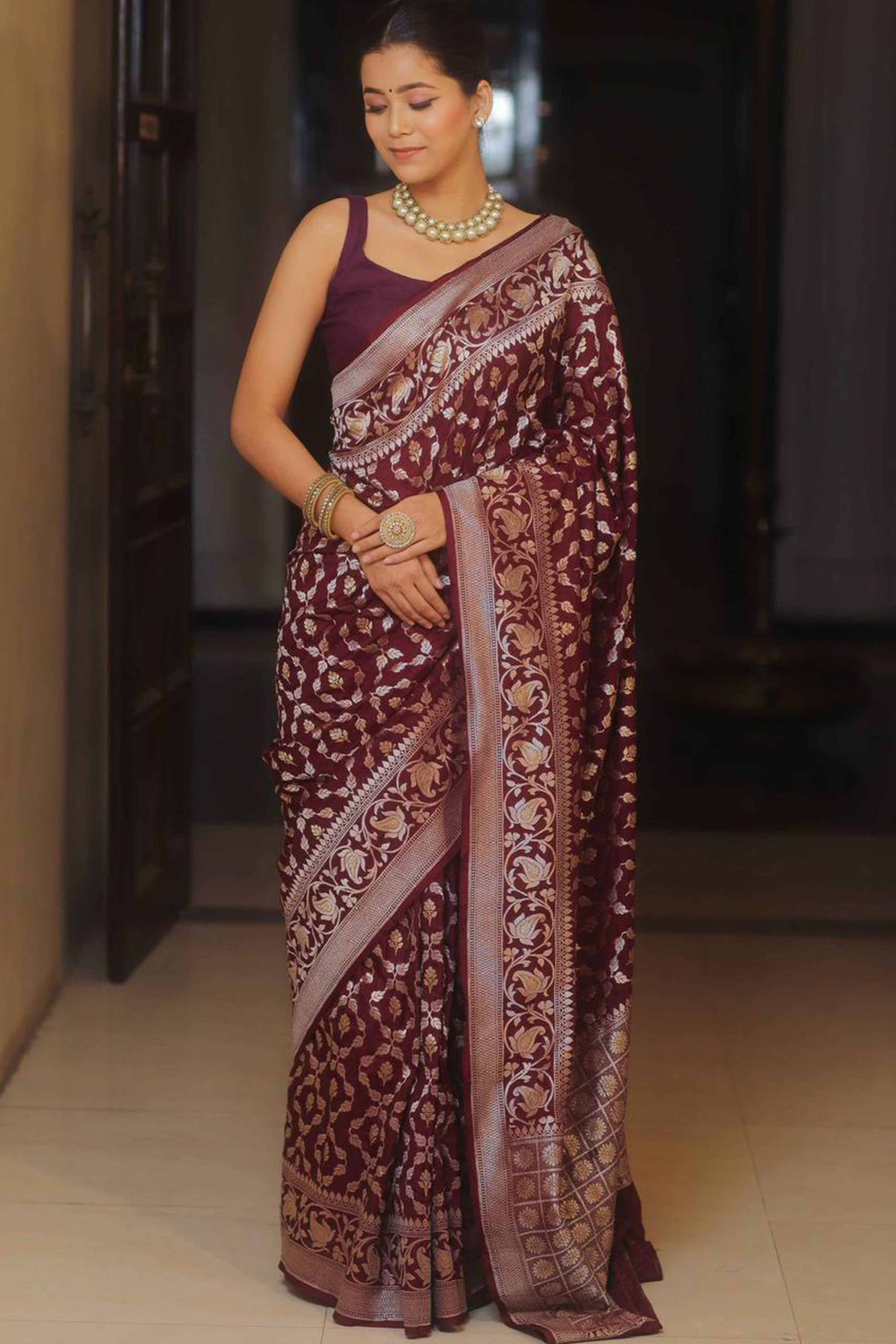 Wine Floral Woven Banarasi Silk Saree - Image 4