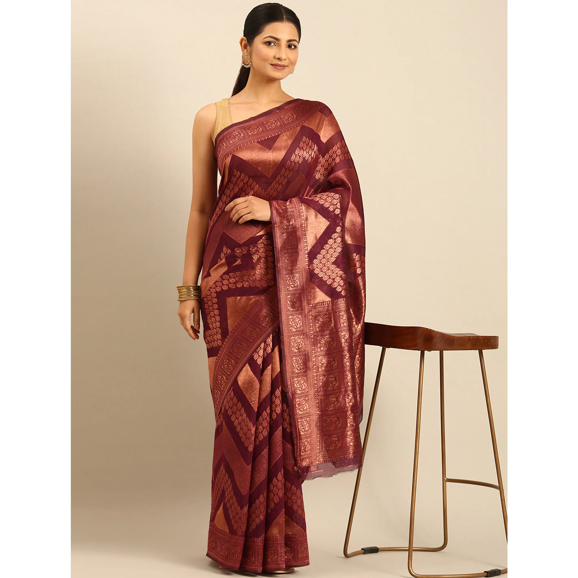 Wine Floral Woven Cotton Silk Saree - Image 4