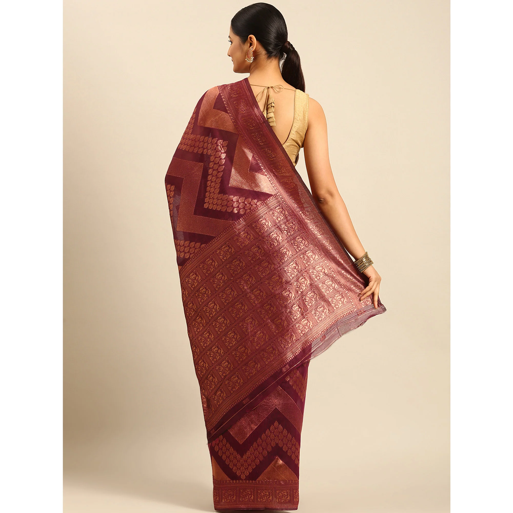 Wine Floral Woven Cotton Silk Saree - Image 5