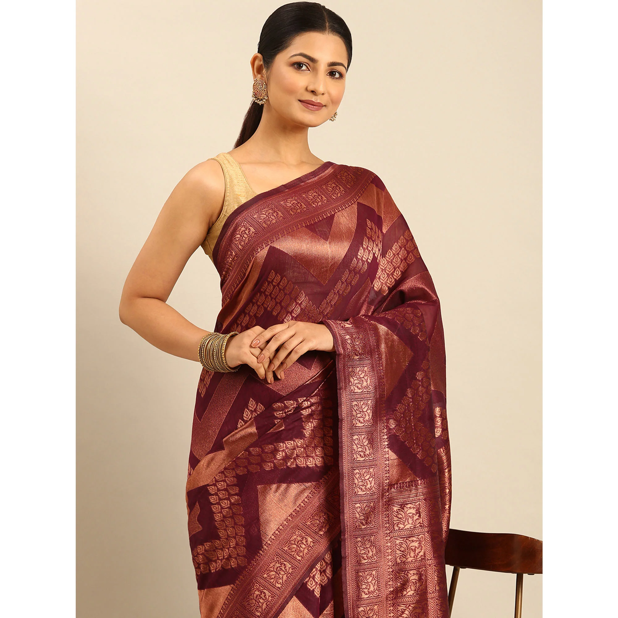 Wine Floral Woven Cotton Silk Saree - Image 6