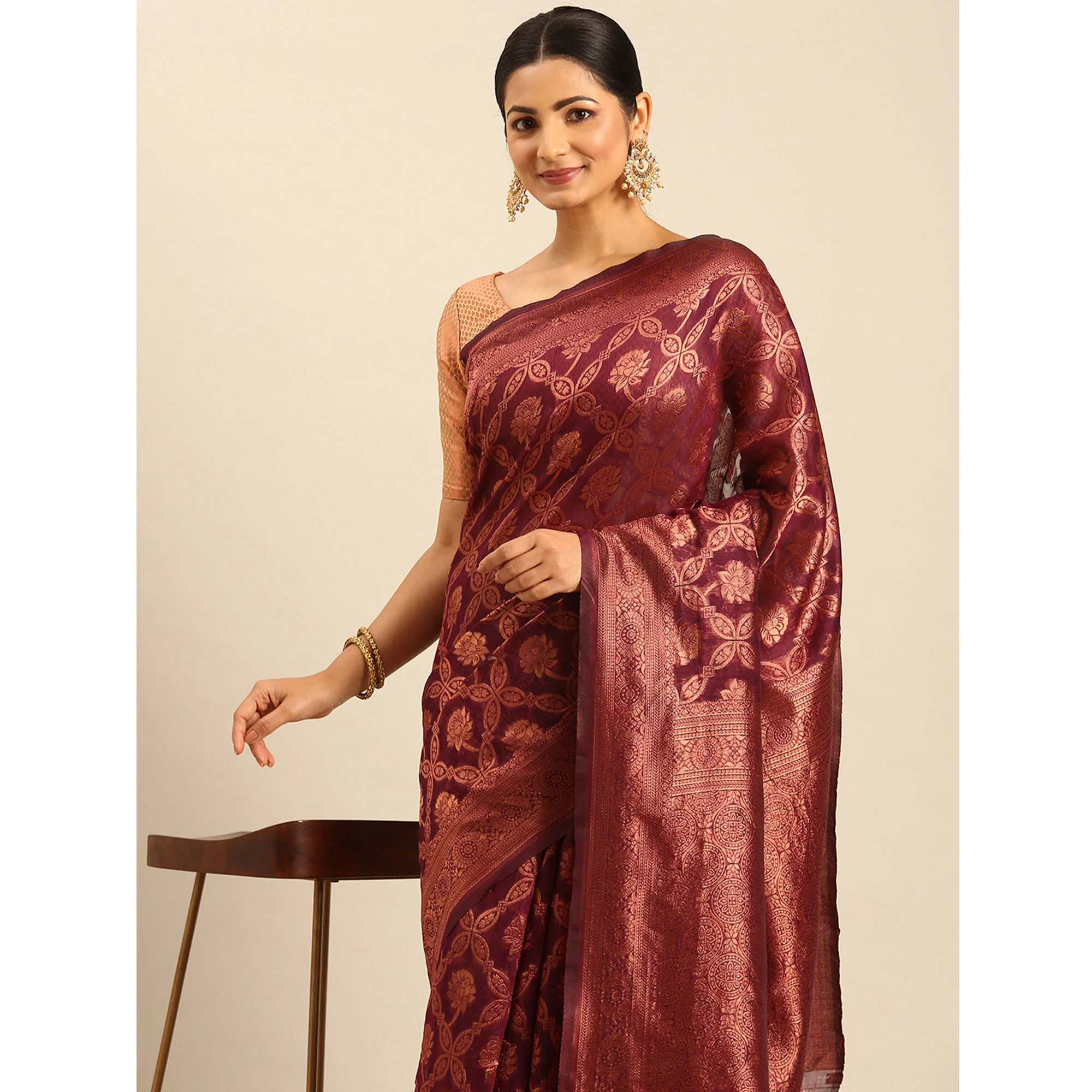 Wine Floral Woven Cotton Silk Saree - Image 6