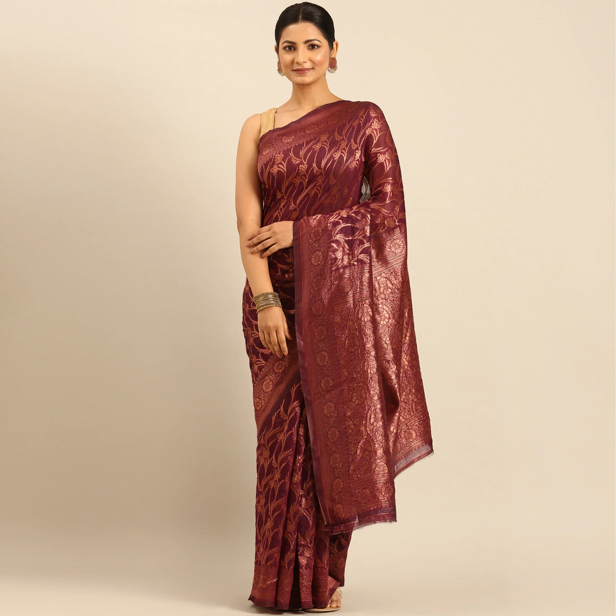 Wine Floral Woven Cotton Silk Saree - Image 2