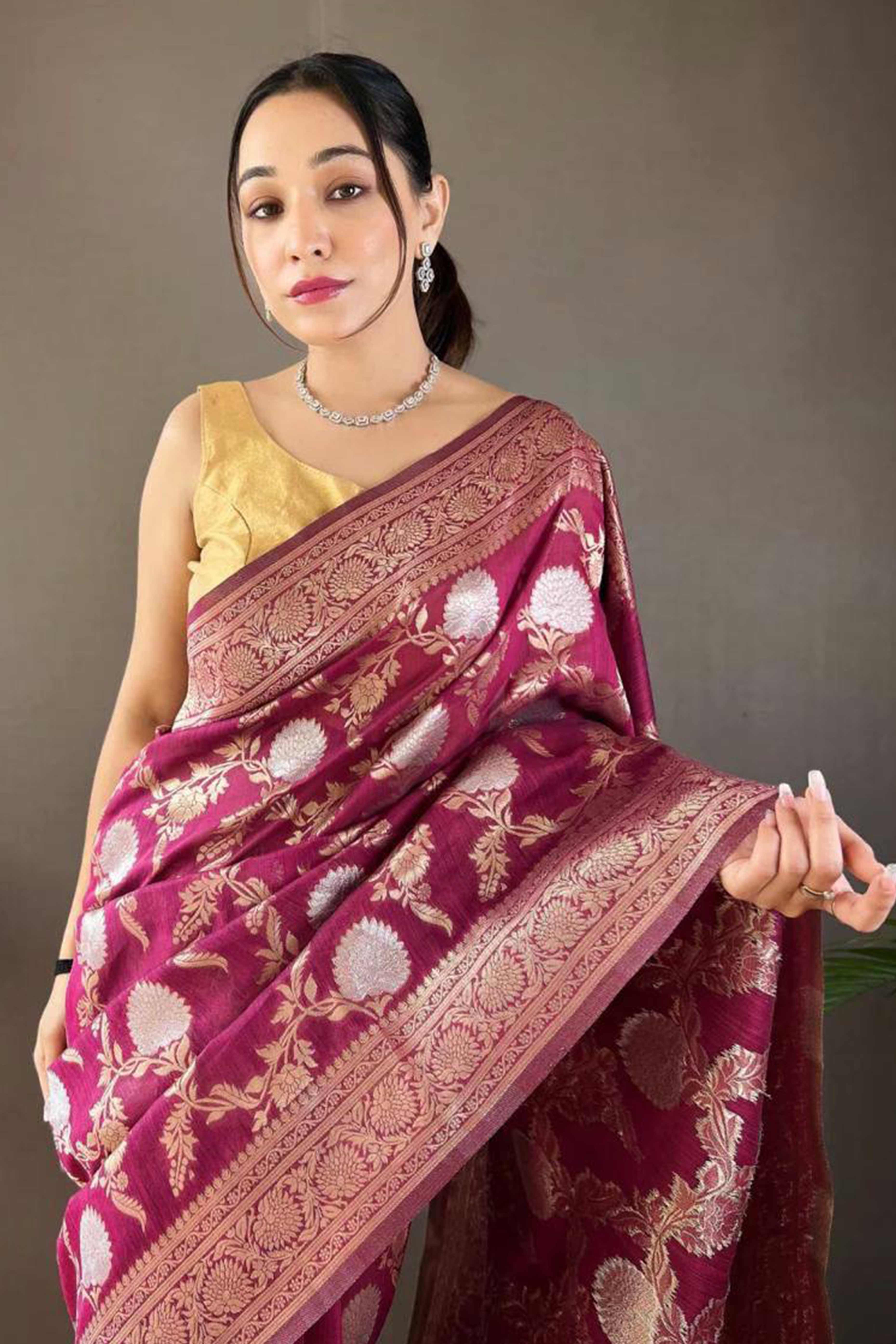 Wine Floral Woven Cotton Silk Saree - Image 3