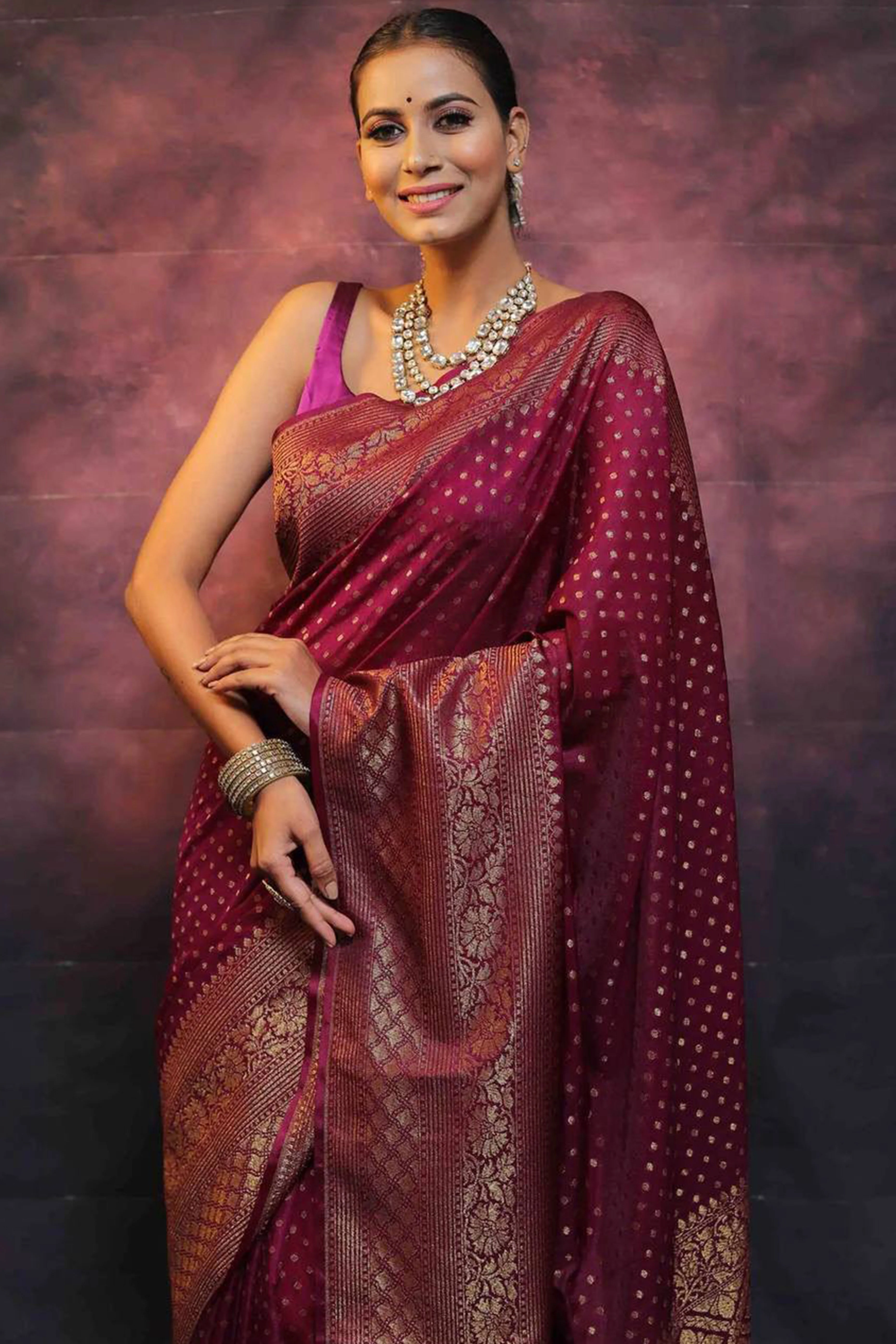 Wine Floral Woven Lichi Banarasi Silk Saree - Image 6