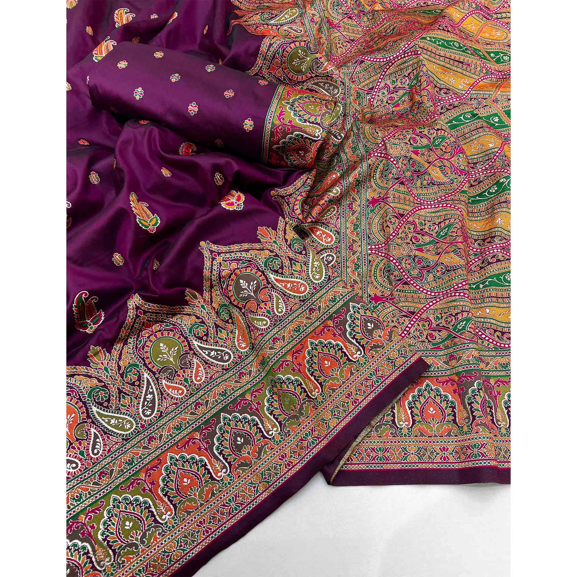 Wine Floral Woven Pure Silk Pashmina Saree - Image 3
