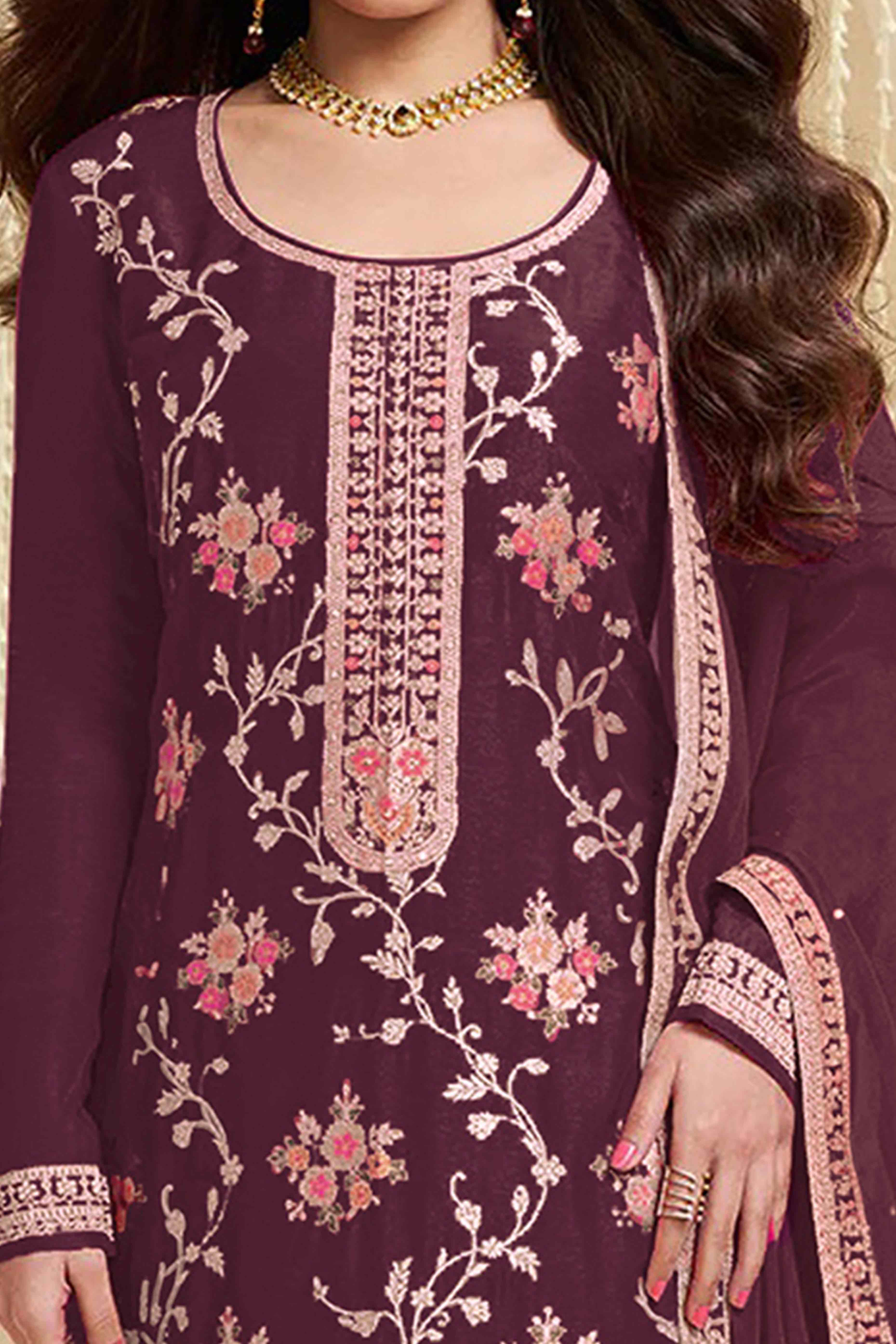 Wine Floral Woven With Embroidered Viscose Semi Stitched Suit - Image 2