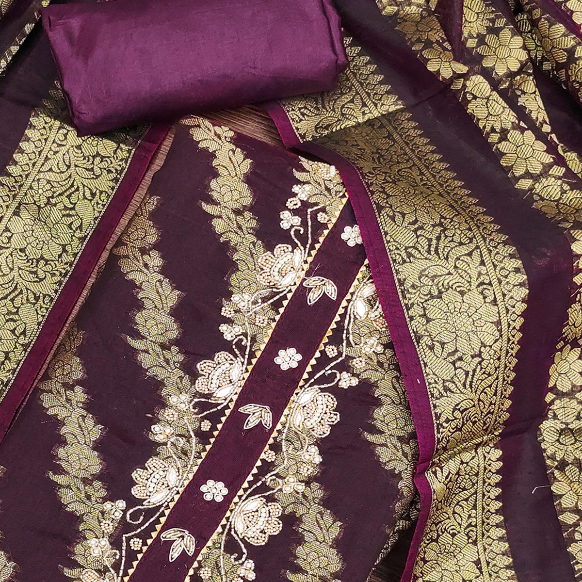 Wine Floral Woven With Handwork Banarasi Silk Dress Material - Image 2