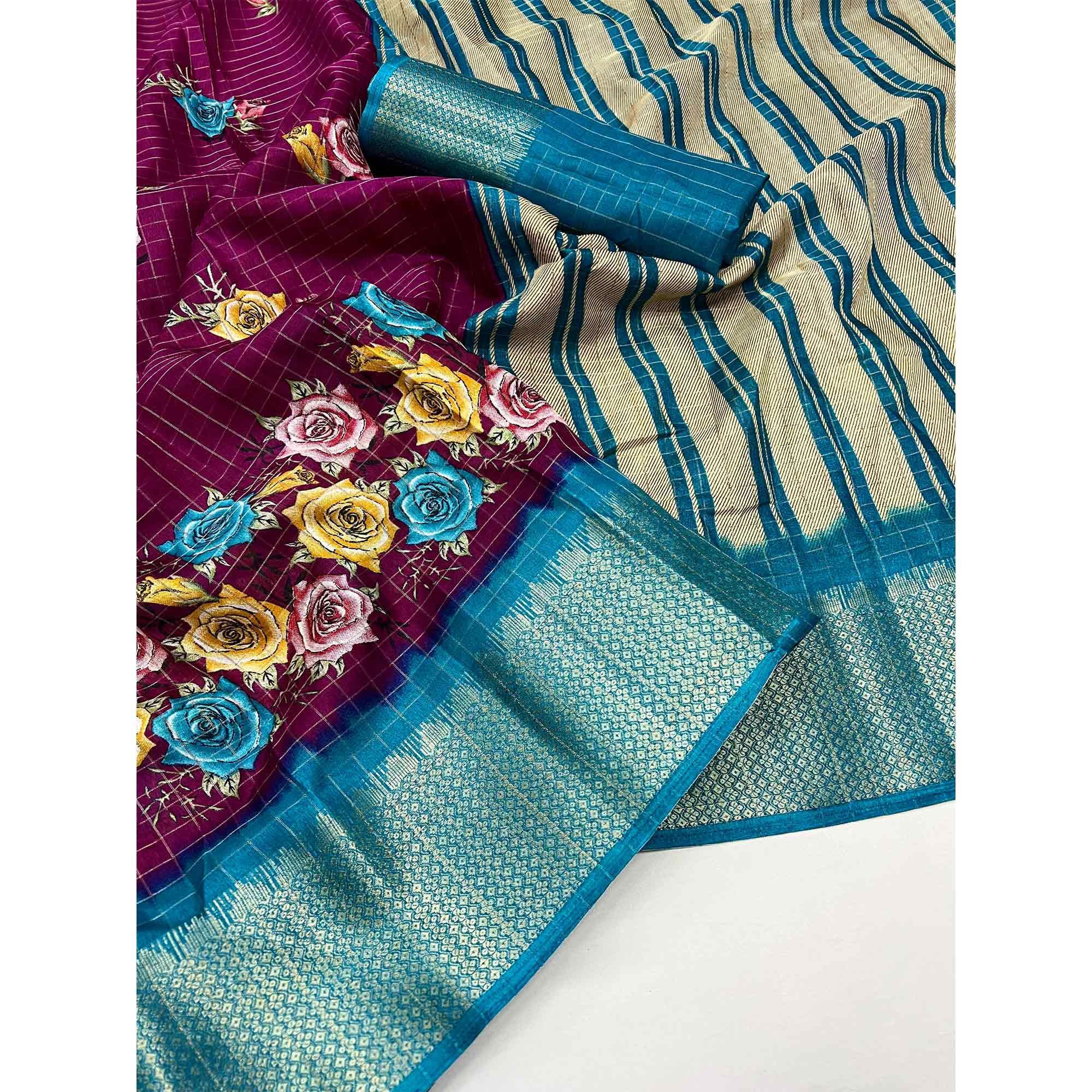 Wine Floral Zari Checks Woven Dola Silk Jacquard Saree - Image 3
