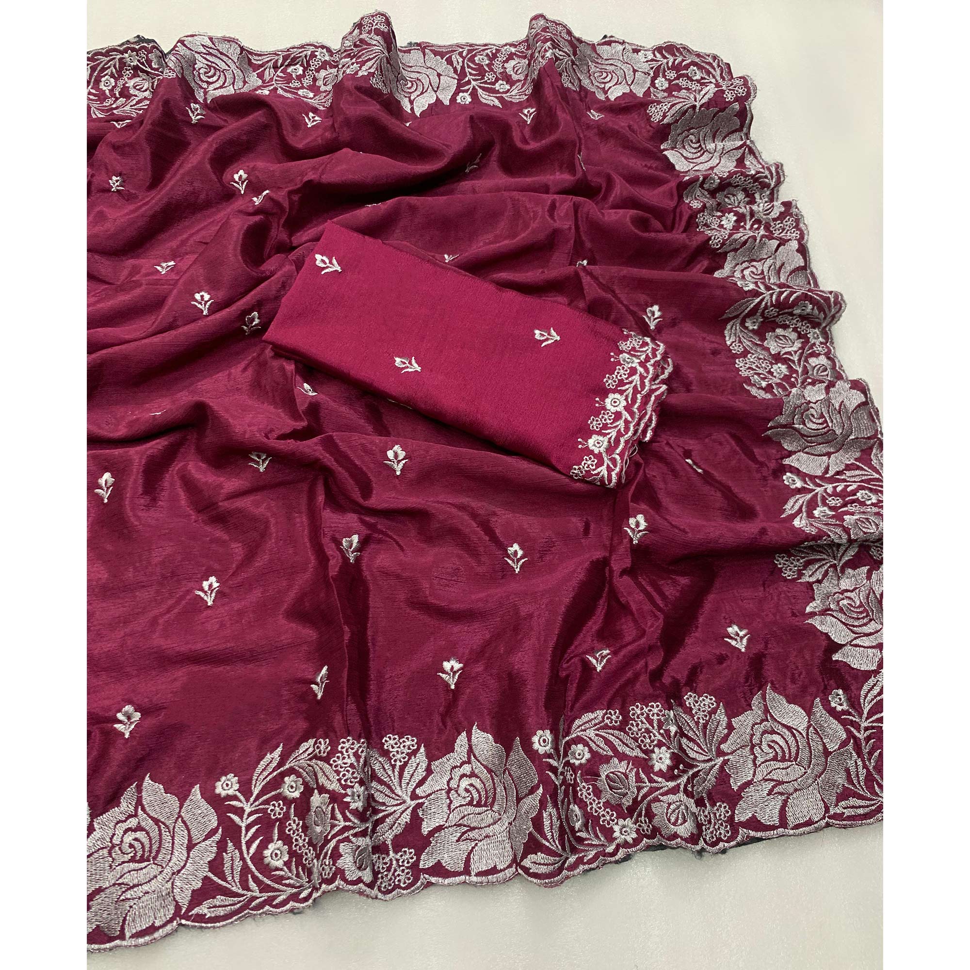 Wine Floral Zari Embroidered Chinon Silk Saree - Image 4