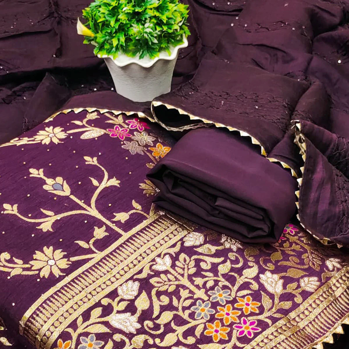 Wine Floral Zari Weaving Banarasi Silk Dress Material - Image 2