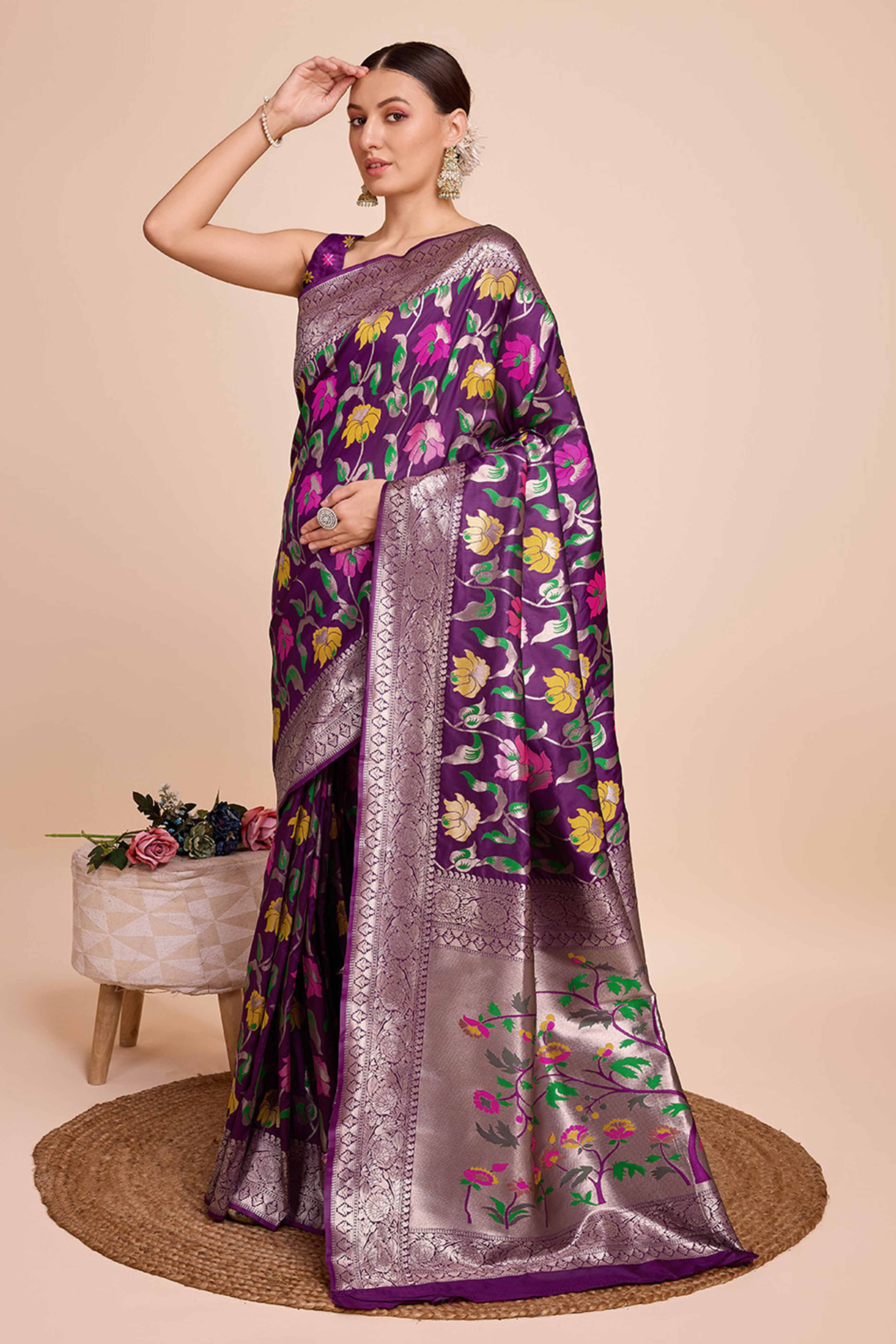 Wine Floral Zari Weaving Pure Silk Paithani Saree - Image 3