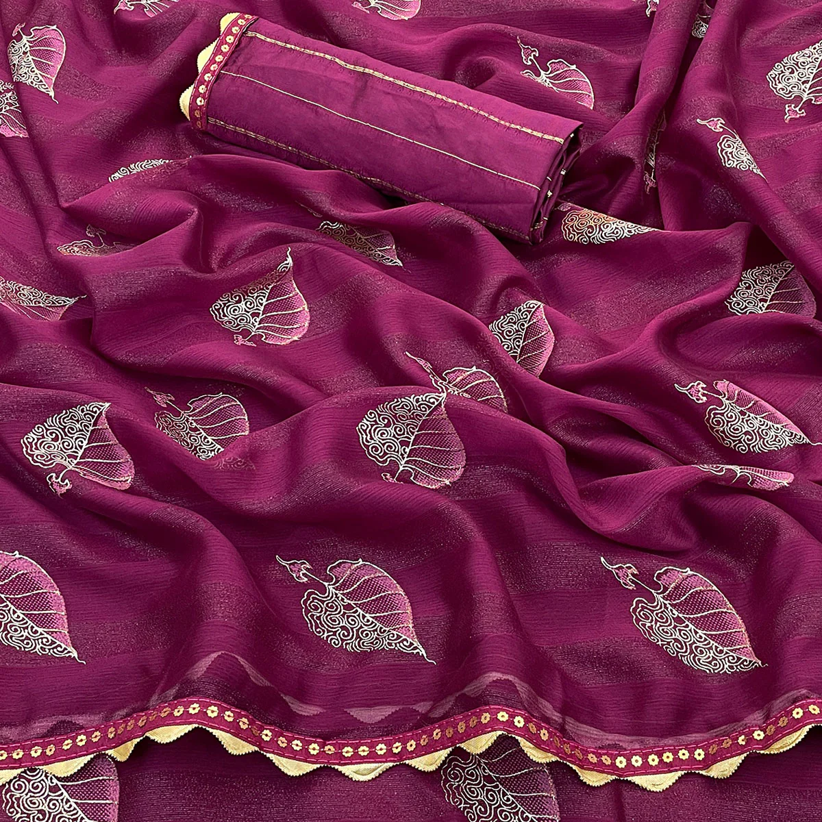 Wine Foil Printed Chiffon Saree With Sequins Embroidered Border - Image 2