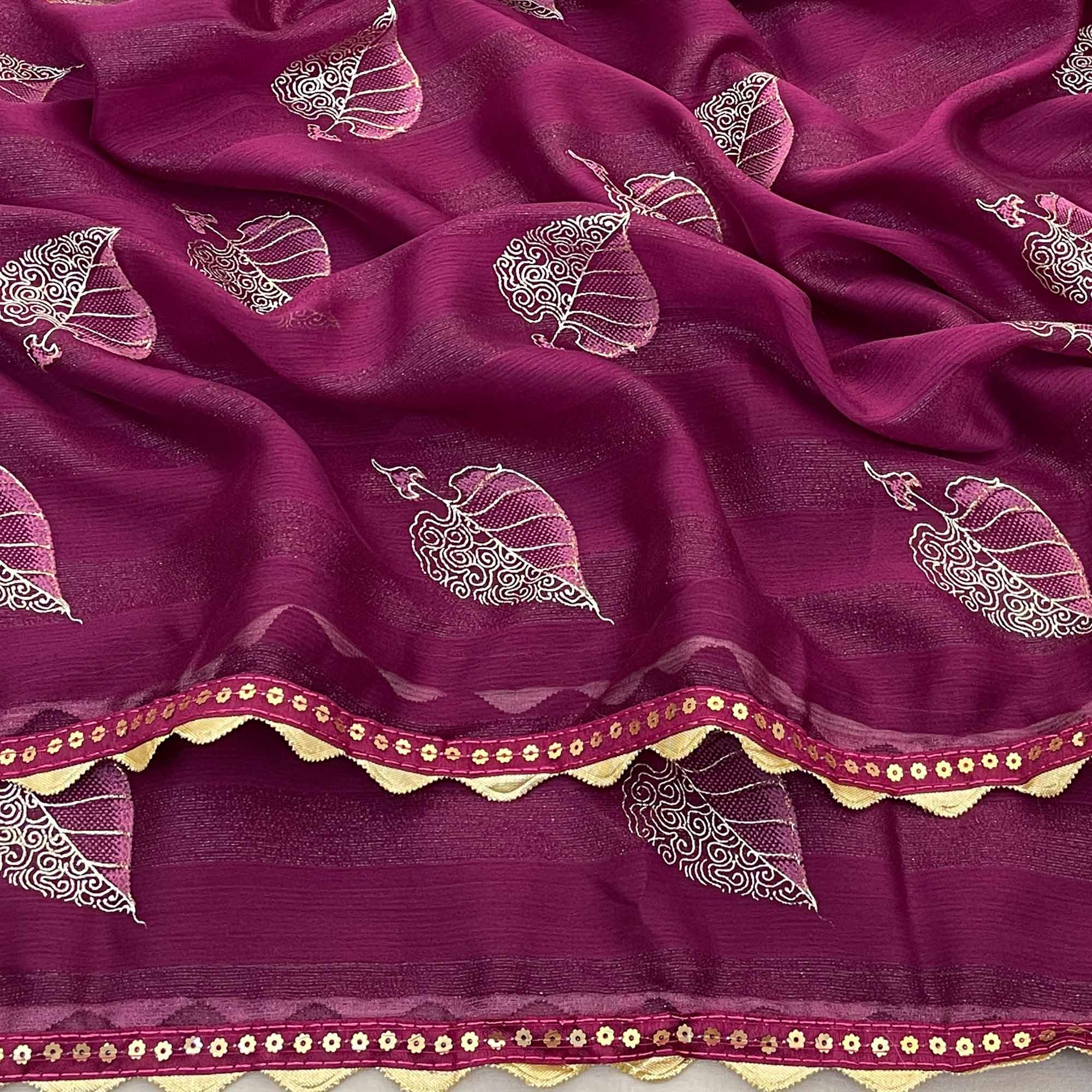 Wine Foil Printed Chiffon Saree With Sequins Embroidered Border - Image 3