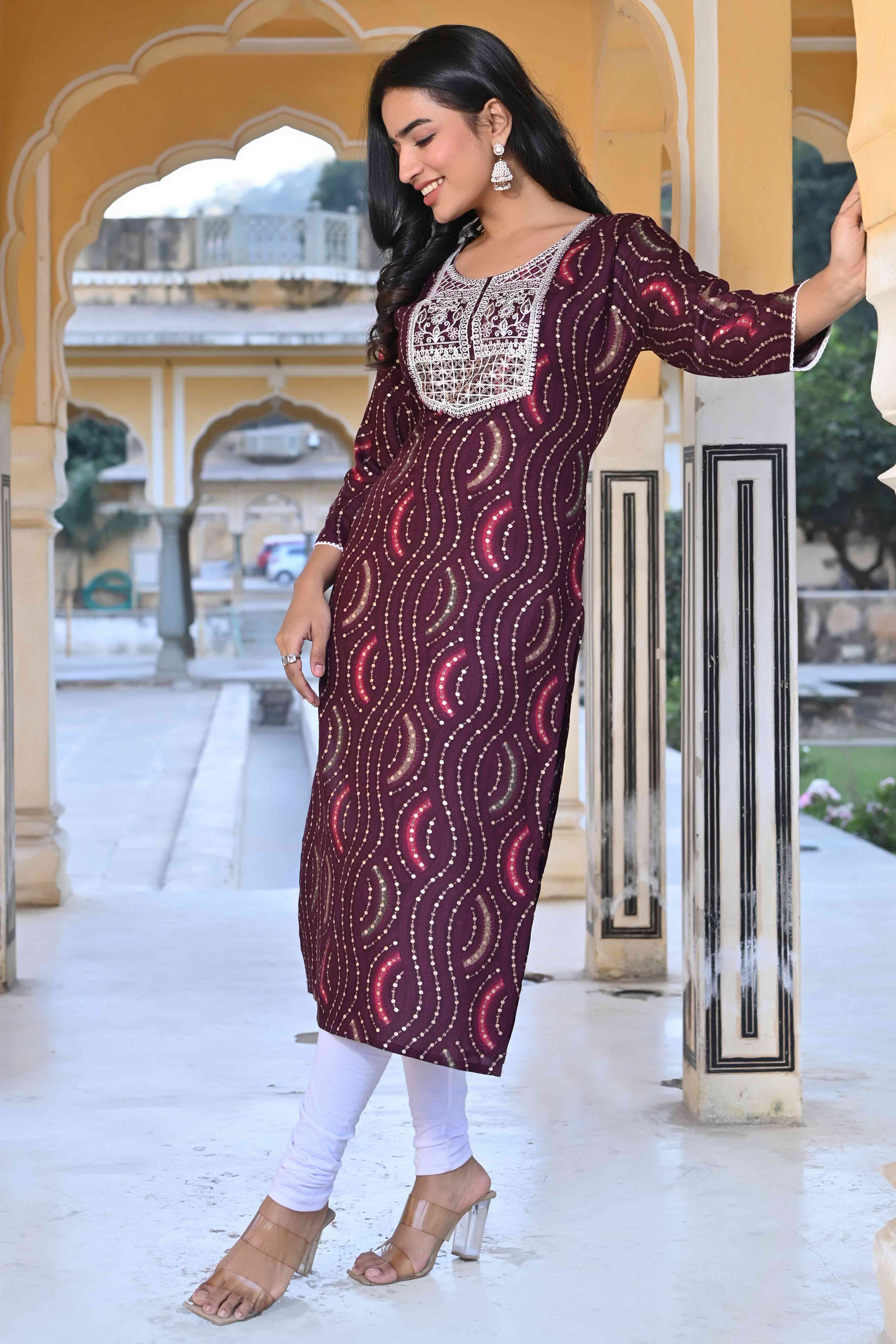Wine Foil Printed Rayon Straight Kurti - Image 5