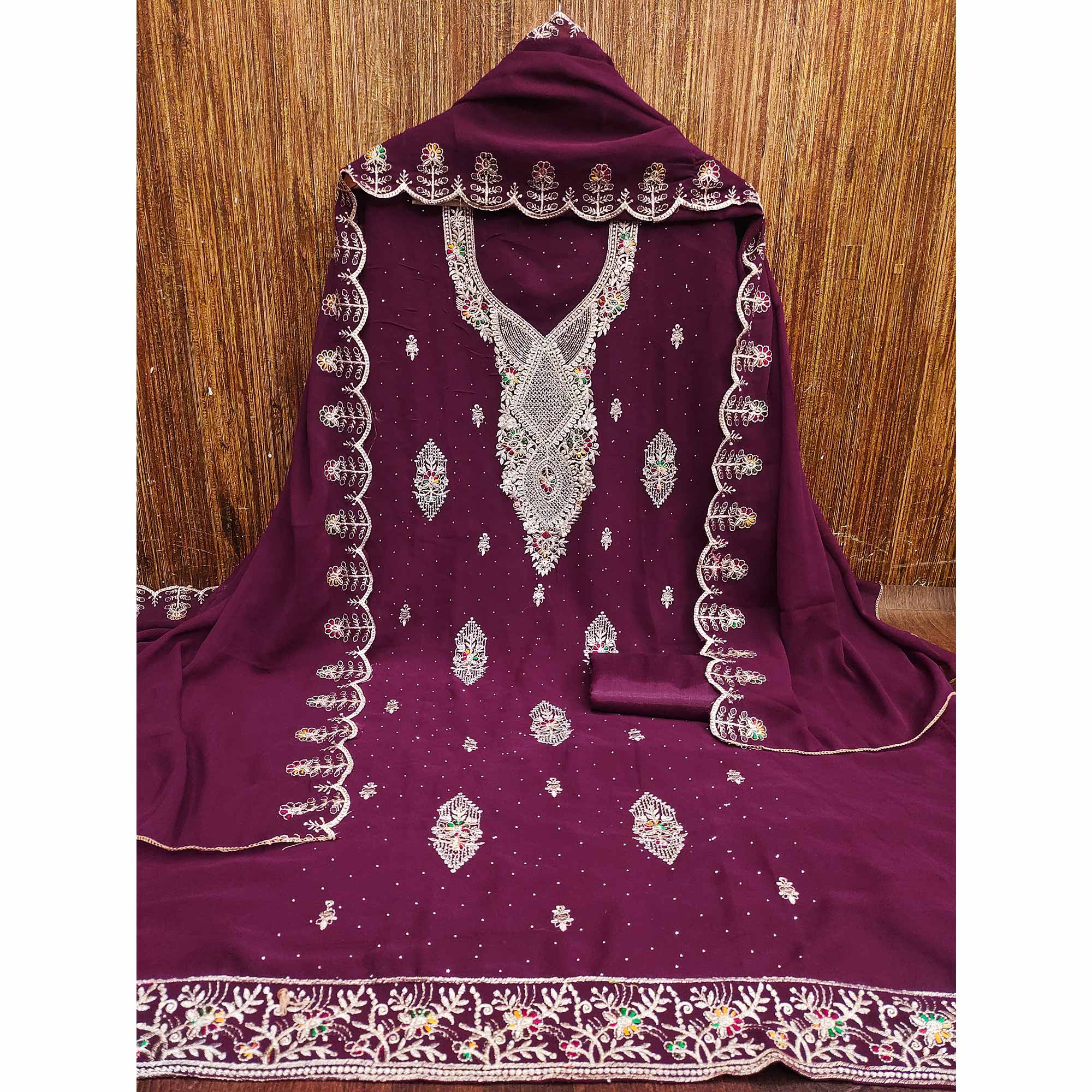 Wine Georgette Dress Material Adorned With Elegant Floral Embroidery & Shimmering Swarovski Work - Image 3