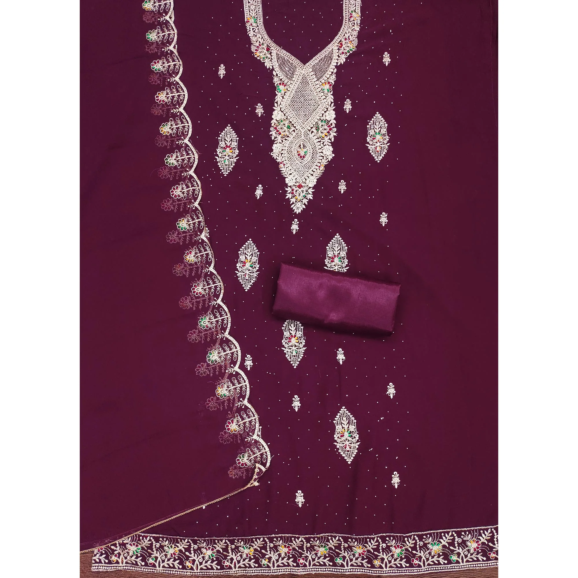 Wine Georgette Dress Material Adorned With Elegant Floral Embroidery & Shimmering Swarovski Work - Image 4
