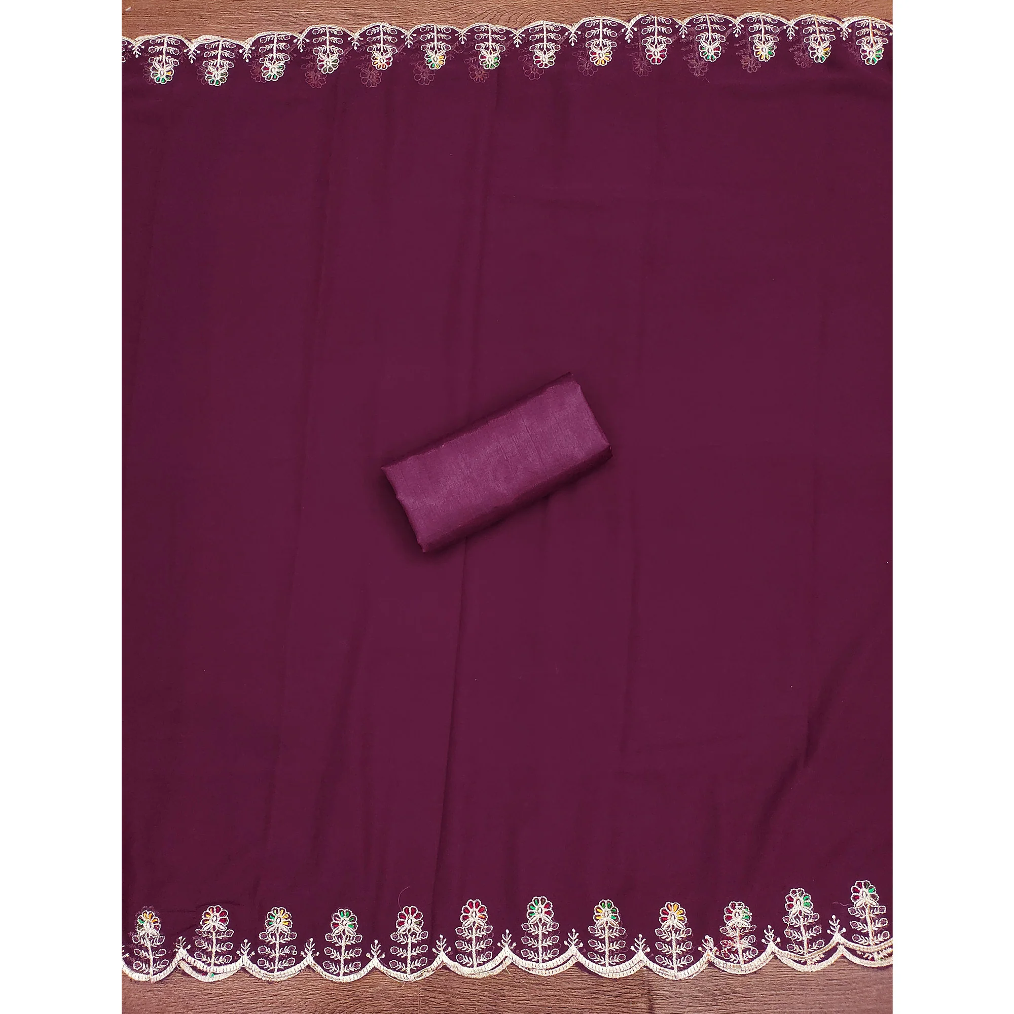 Wine Georgette Dress Material Adorned With Elegant Floral Embroidery & Shimmering Swarovski Work - Image 5