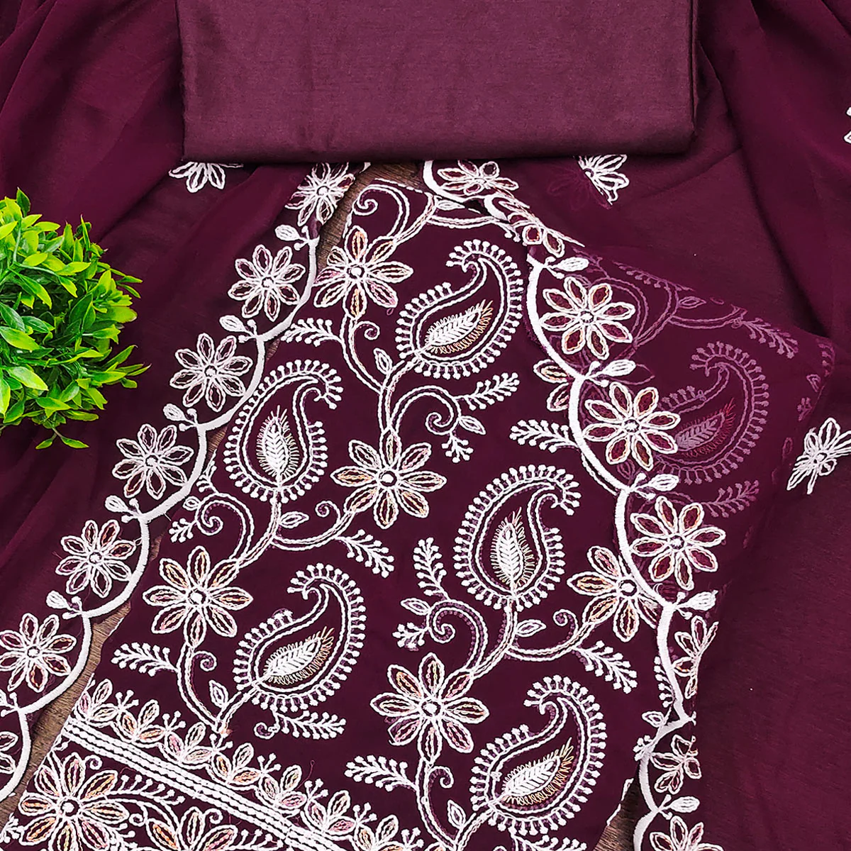 Wine Georgette Dress Material Highlighted With Paisley & Floral Thread Embroidery - Image 2
