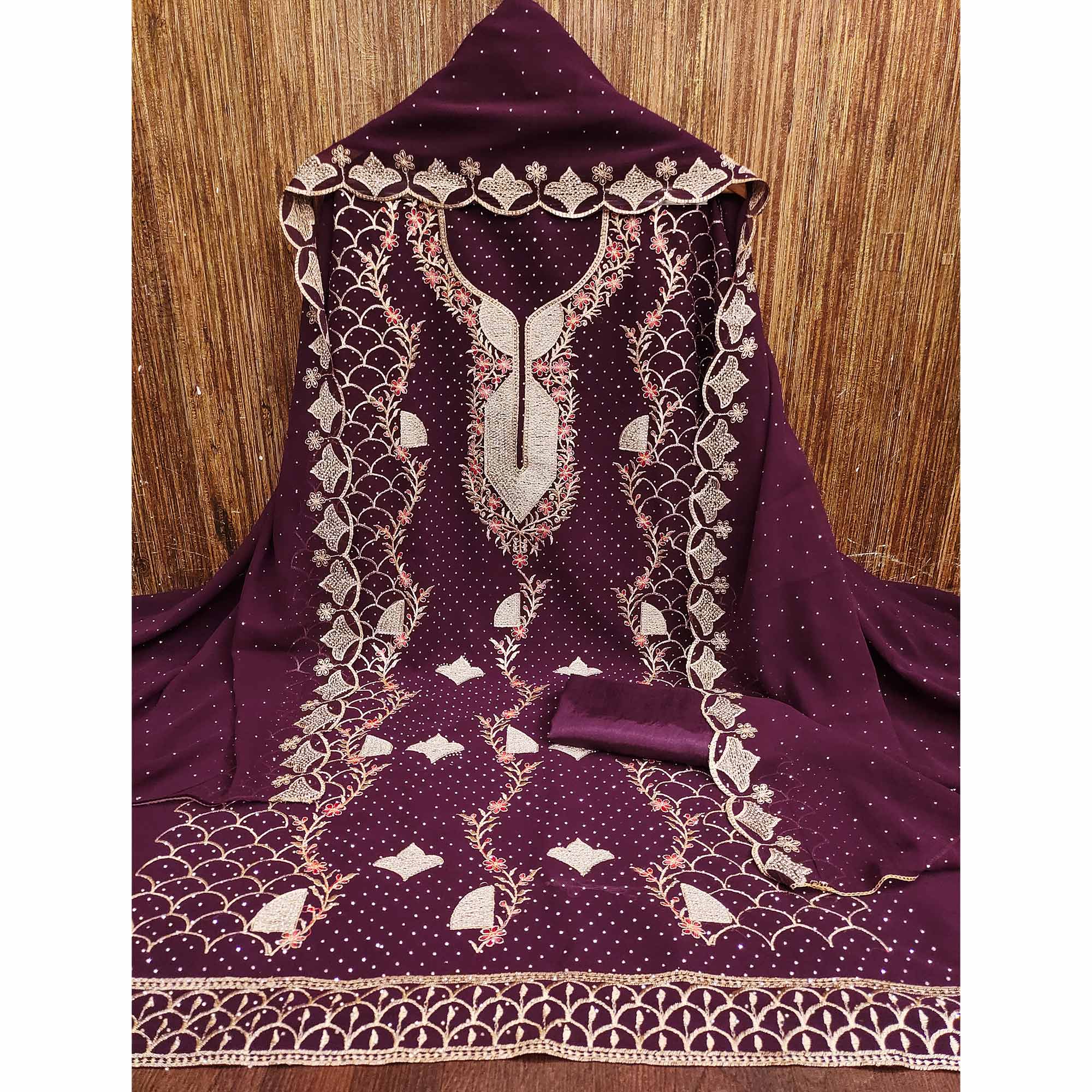 Wine Georgette Dress Material With Exquisite Floral Embroidery And Stonework - Image 3