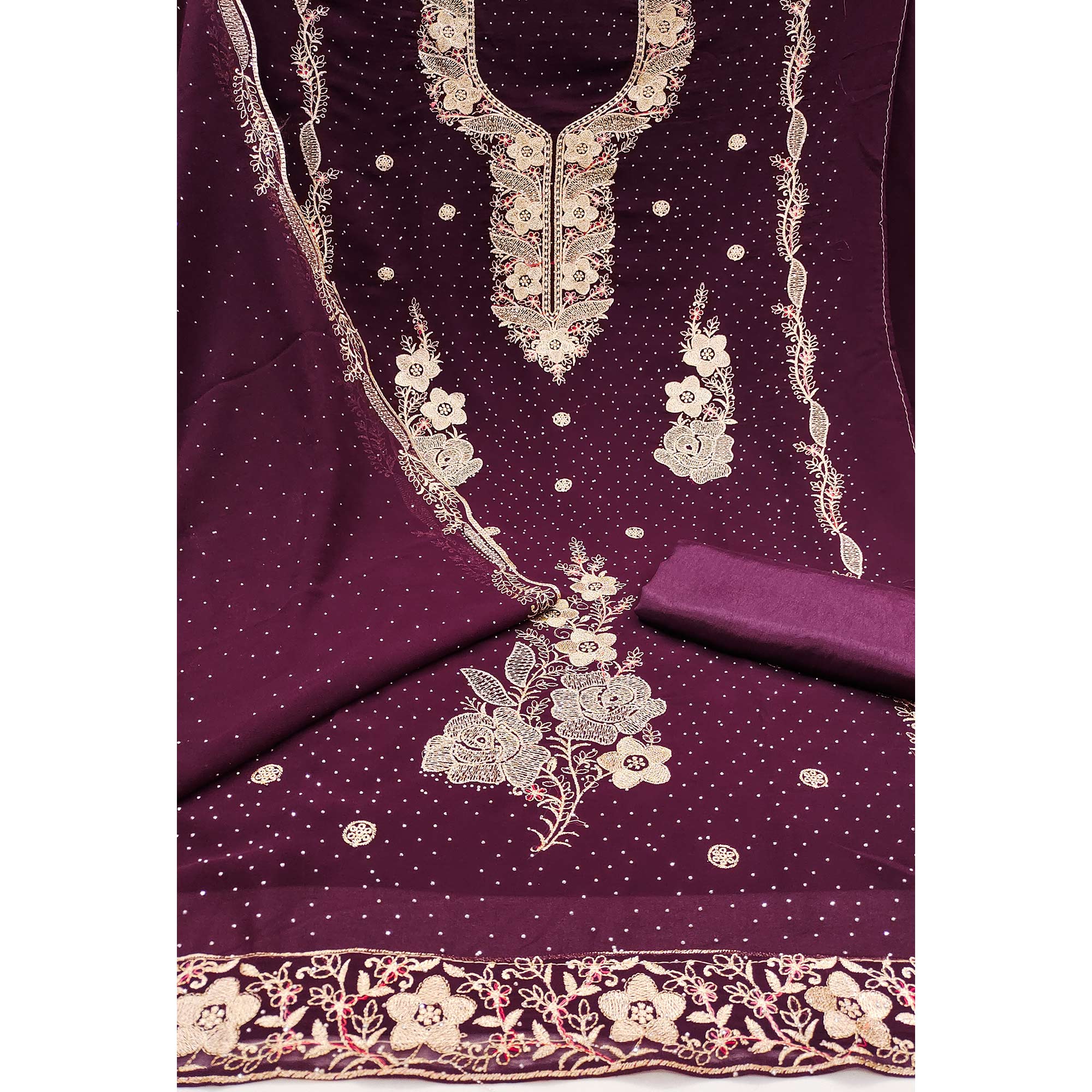 Wine Georgette Dress Material With Luxurious Floral Zari Embroidery & Stonework - Image 4