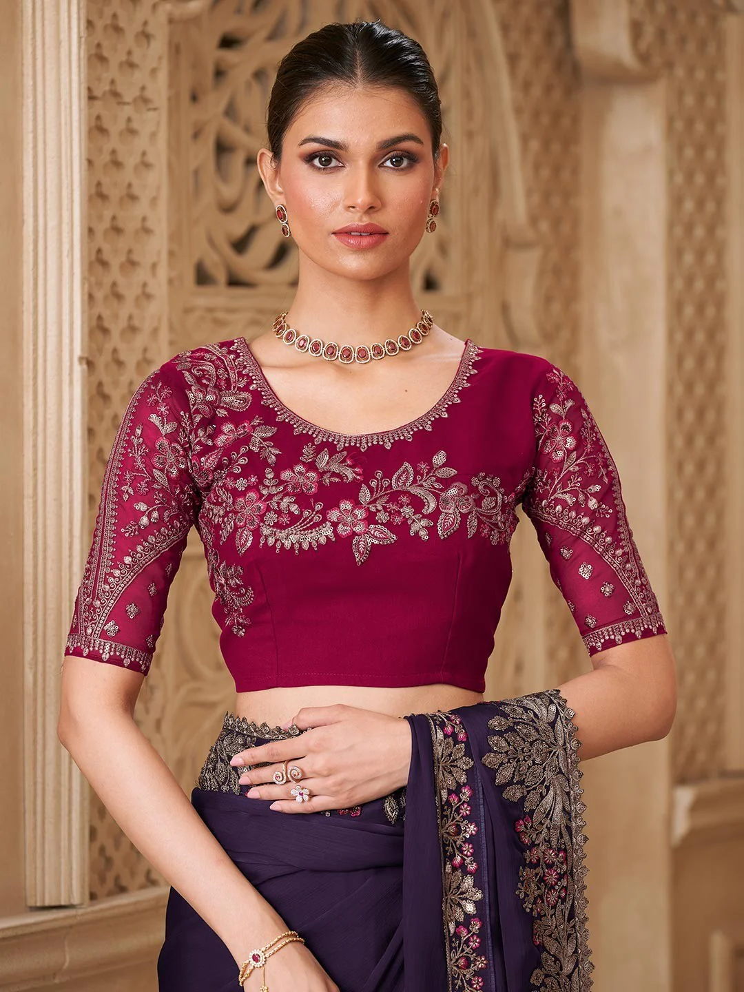 Wine Georgette Saree Featuring Detailed Embroidered Border - Image 3