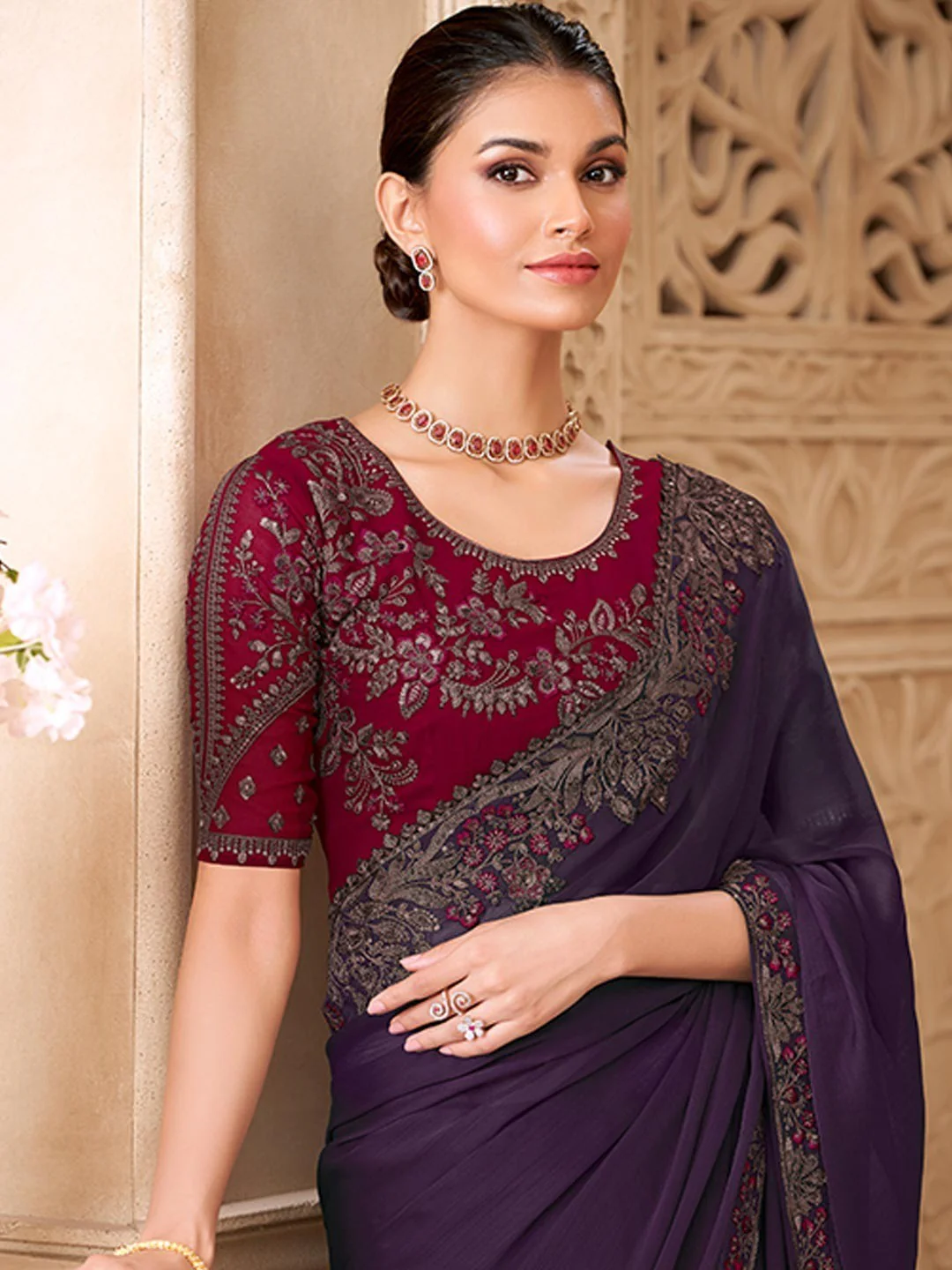 Wine Georgette Saree Featuring Detailed Embroidered Border - Image 4