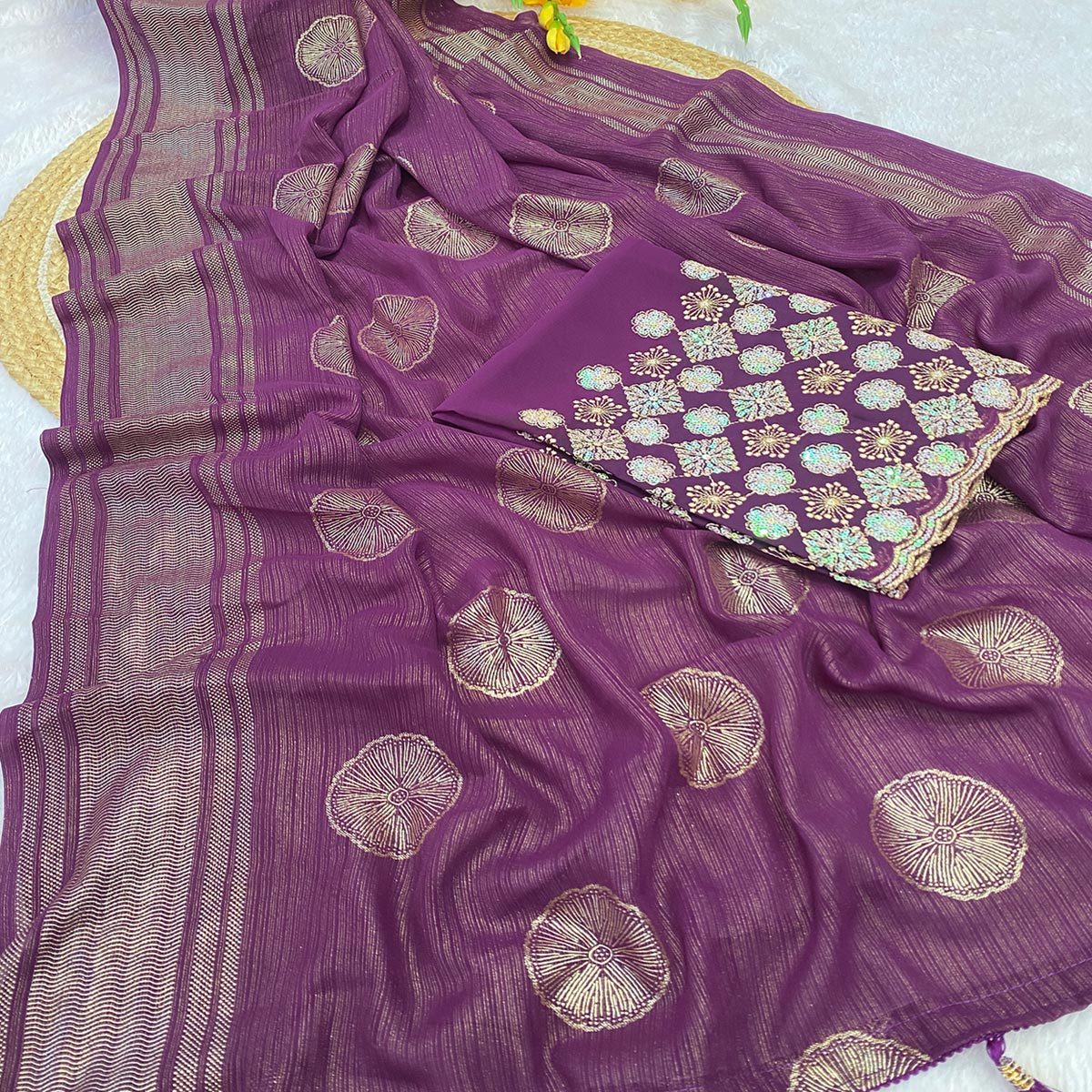 Wine Georgette Saree With Shimmering Floral Foil Print & Tassel Accented Pallu - Image 2