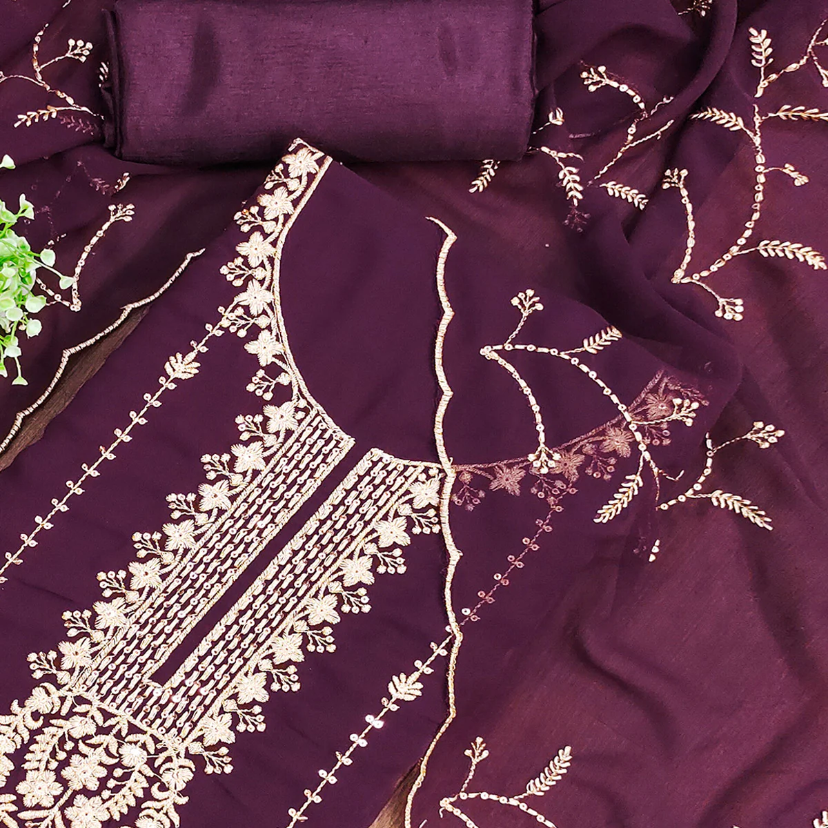 Wine Georgette Unstitched Dress Material Adorned with Ornate Thread Embroidery - Image 2