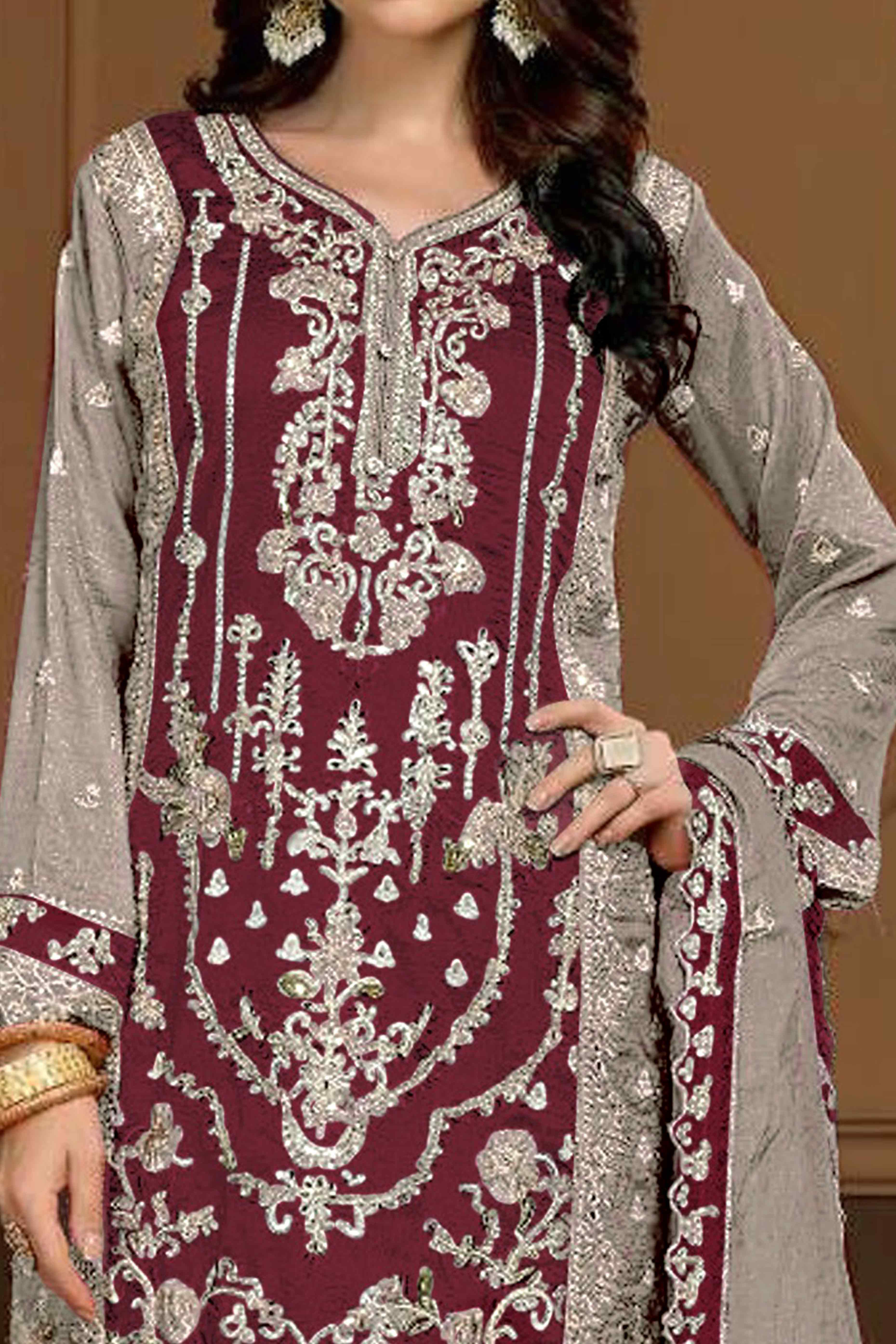 Wine & Grey Floral Sequins Embroidery Vichitra Silk Semi Stitched Pakistani Suit - Image 2