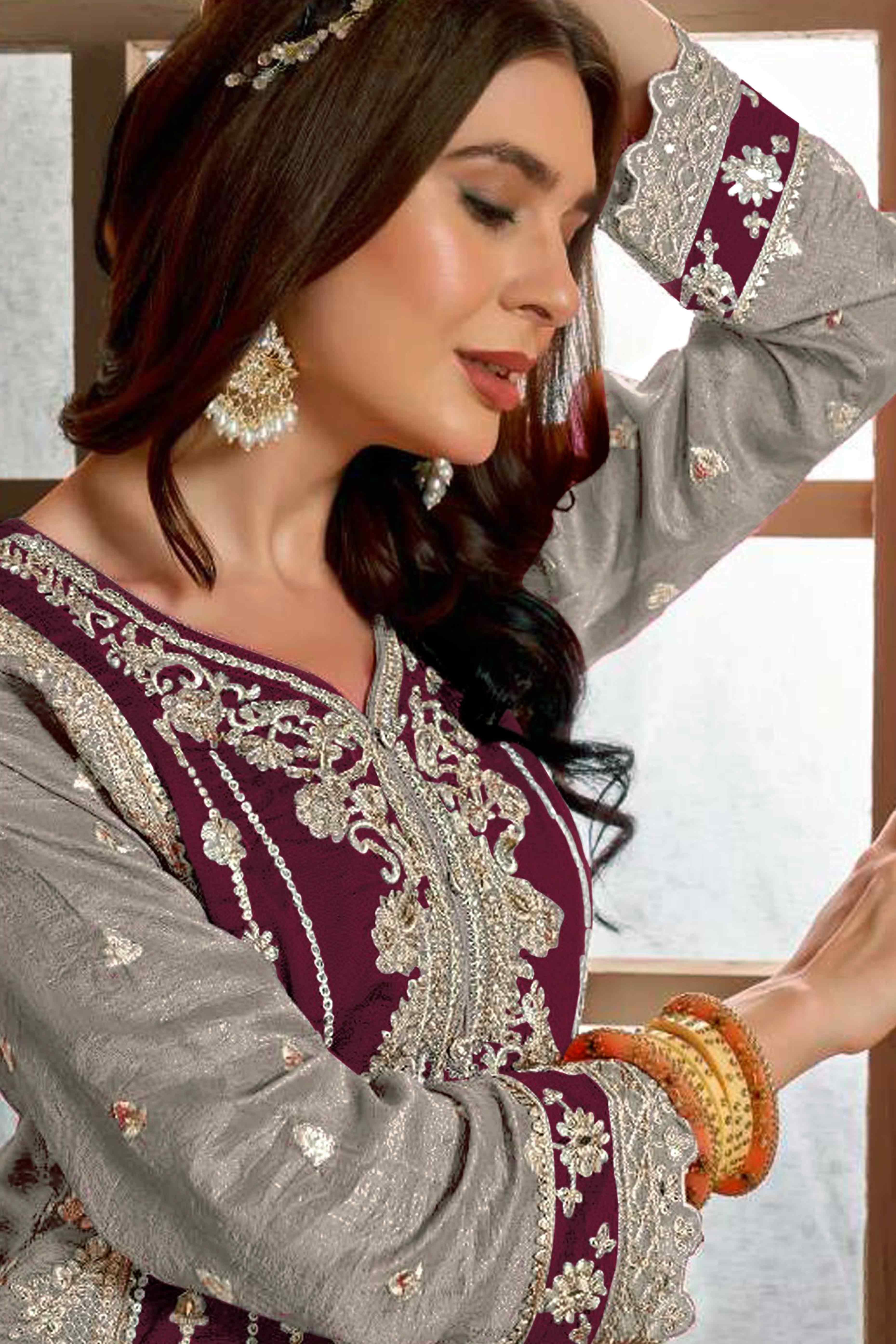 Wine & Grey Floral Sequins Embroidery Vichitra Silk Semi Stitched Pakistani Suit - Image 3